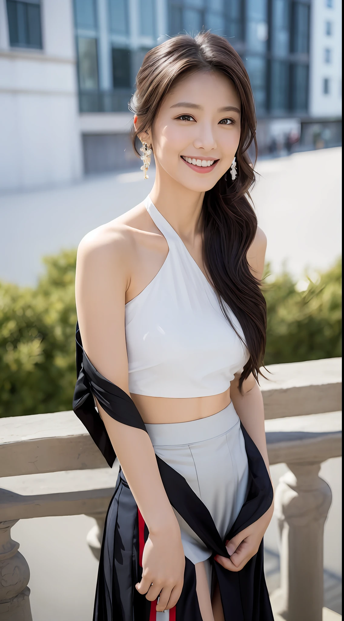 masterpiece, best quality, highres, (photorealistic:1.4), earrings, (depth of field:1.8), beautiful Korean girl, thigh gap, 1 girl, long hair, ponytail, (solo:1.1), red, (slit skirt curtain:1.5),(halter neck t-shirt), shinobi, ninja, bare shoulder, elbow gloves, (looking at viewer:1.2), (smile:1.2), (full body:1.), (in the city:1.5), medium breast, (pureerosface_v1:0.5),