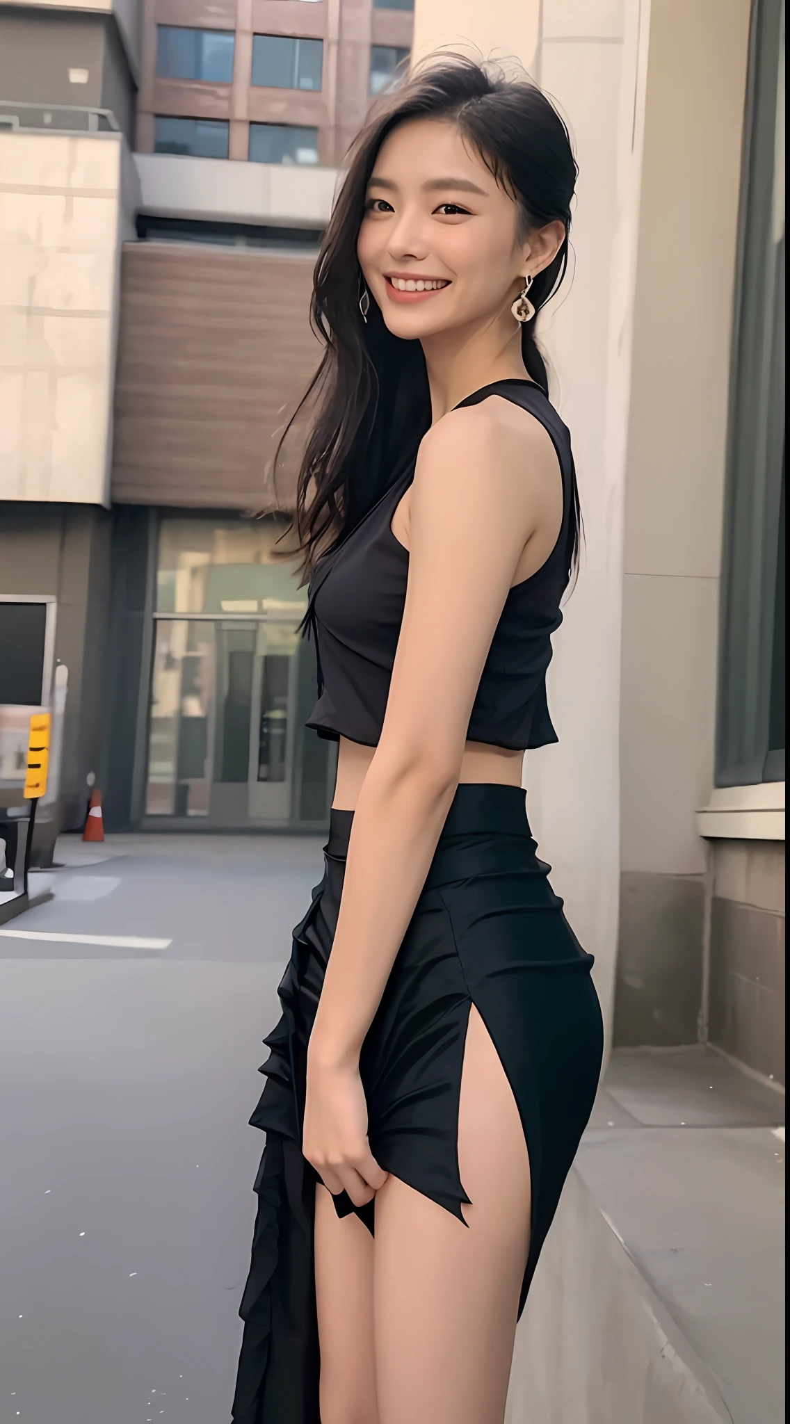 masterpiece, best quality, highres, (photorealistic:1.4), earrings, (depth of field:1.8), beautiful Korean girl, thigh gap, 1 girl, long hair, ponytail, (solo:1.1), red, (slit skirt curtain:1.5),(halter neck t-shirt), shinobi, ninja, bare shoulder, elbow gloves, (looking at viewer:1.2), (smile:1.2), (full body:1.), (in the city:1.5), medium breast, (pureerosface_v1:0.5),