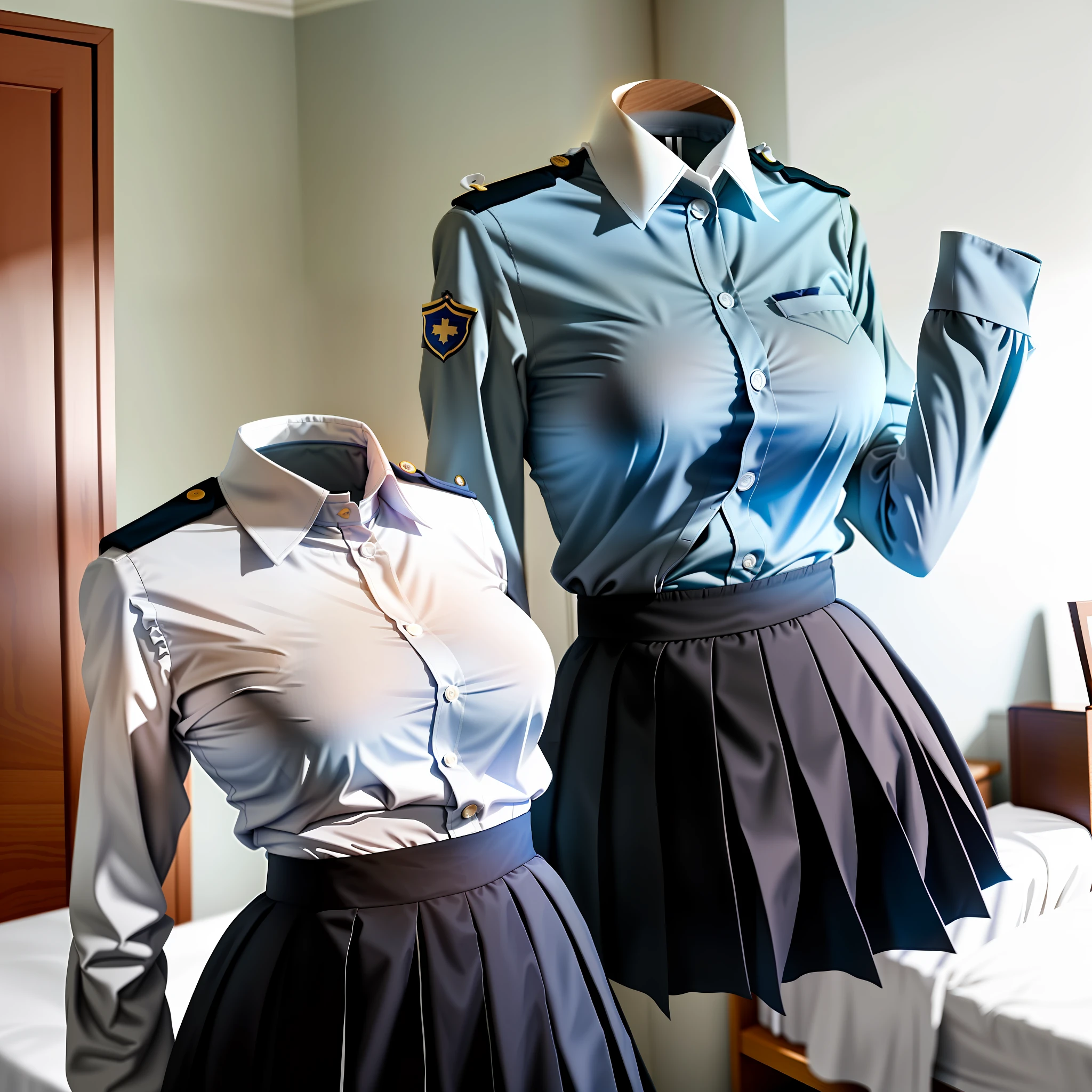 Invisible girls, without humans, headless, uniforms worn by invisible girls, (realistic: 0), headless, empty, headless, headless, invisible girl, uniforms, empty clothes, invisible body, invisible head, empty clothes, invisible girls, uniforms, invisible body, invisible head, clothes has big breasts,black tights, lying uniforms on the bed swells as if invisible girls wearing them, girl's busty uniforms begin to raise their sleeves and cross their sleeves on its own as if worn by invisible girls, Hyohon, invisible body, headless, empty clothes, put school uniforms on the bed, invisible girls