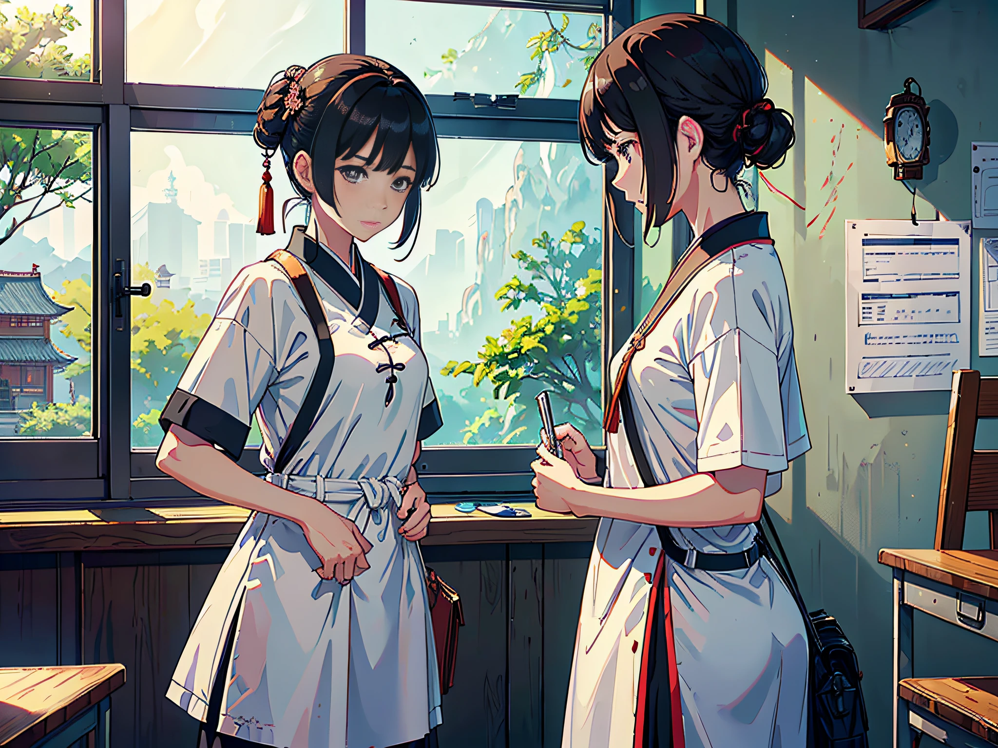 At noon, the exam was underway, the female proctor and classmates were looking at me, two female proctors walked into the classroom, holding top secret file bags, two female proctors wearing white T-shirts and short black hair, this female proctor looked at the camera, the lens mainly featured the upper body, in the Loepfe art style ((Xinhaicheng), popular in CGStation, Xinhaicheng ? 2160, inspired by Bian Shoumin, Xinhaicheng, Kavassi, Guwitz's style, high-quality pictures, 4K, 8K, resolution,
