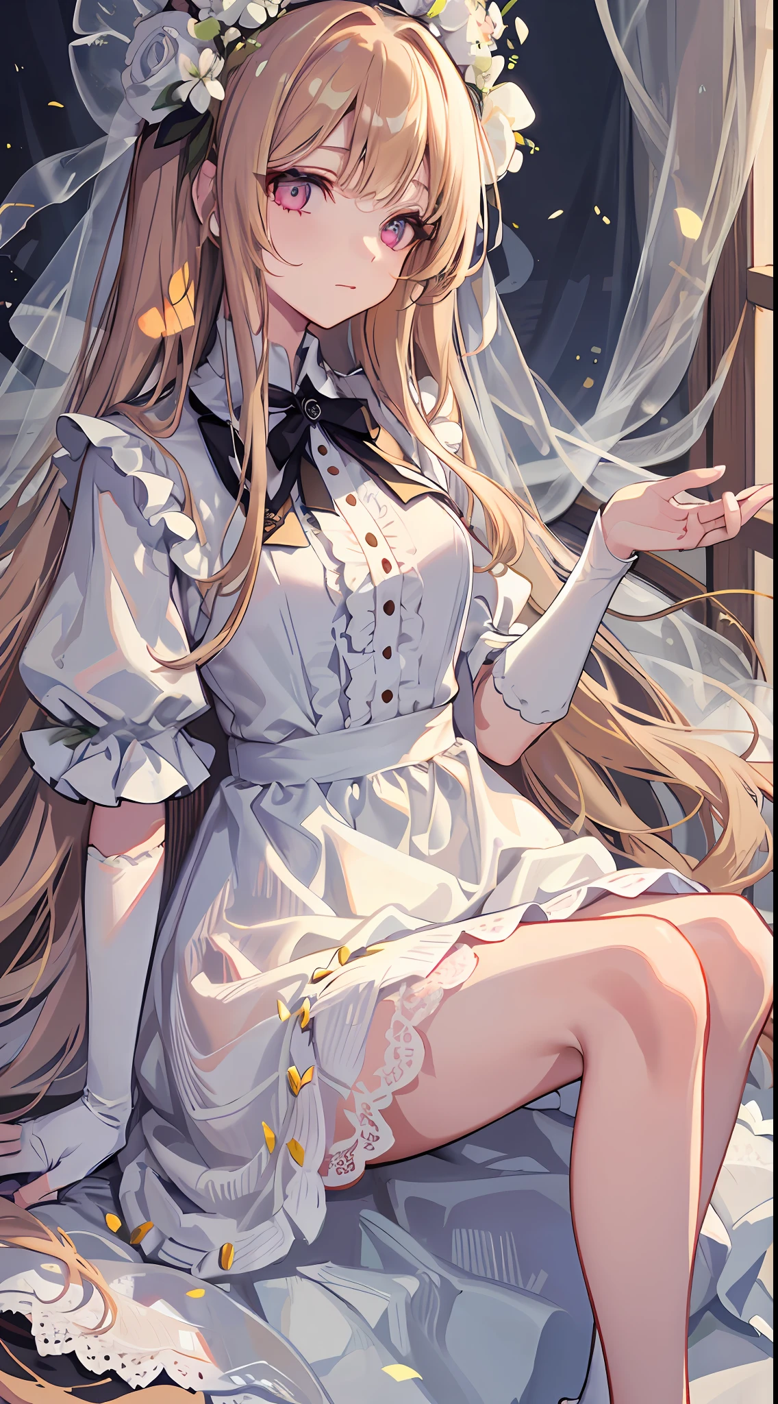 Extreme detail, high quality, elegance, long eyelashes, light chestnut hair, white dress, lace short sleeves, white ballet shoes, delicate face, {extreme sophistication and beauty}, {exquisite finish}, delicate glowing eyes, cinematic light, extreme light effect