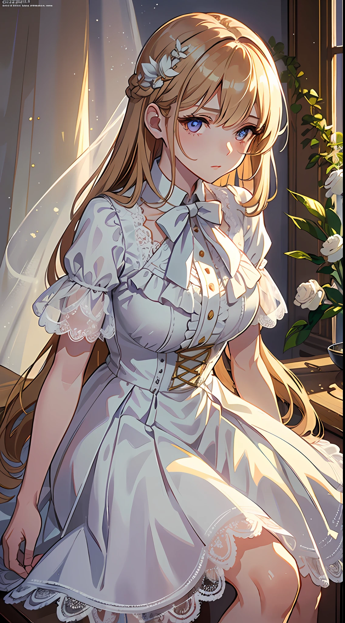 Extreme detail, high quality, elegance, long eyelashes, light chestnut hair, white dress, lace short sleeves, white ballet shoes, delicate face, {extreme sophistication and beauty}, {exquisite finish}, delicate glowing eyes, cinematic light, extreme light effect