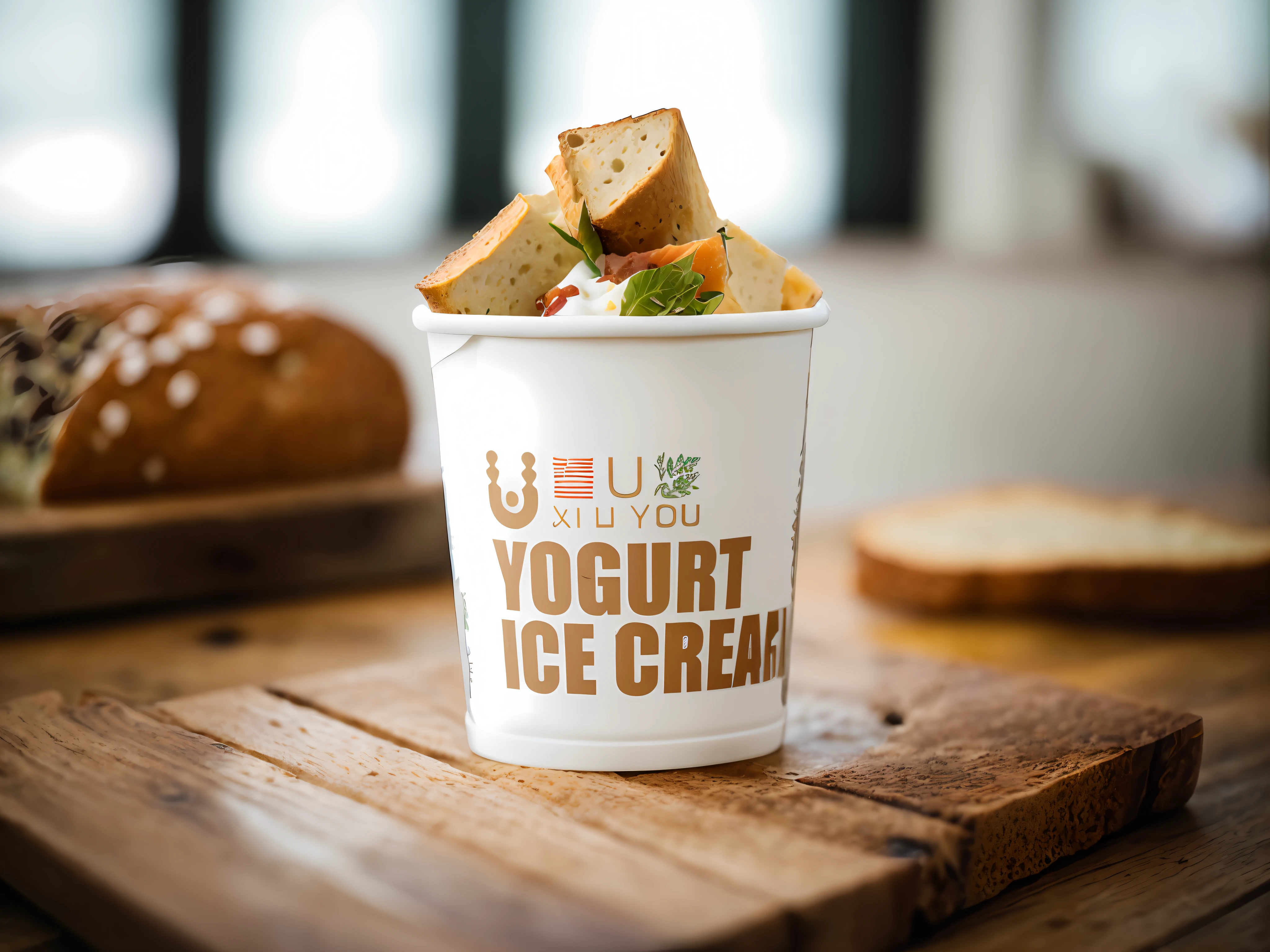 RAW photo of BLT paper yogurt cup, (rustic dinner background), seed bread, pepper jack cheese, (intricate detail: 1.12), (intricate detail, hyper detail: 1.15), realistic, ultra-realistic photo, 8k uhd, dslr, soft light, high quality, film grain, Fujifilm XT3, (masterpiece)