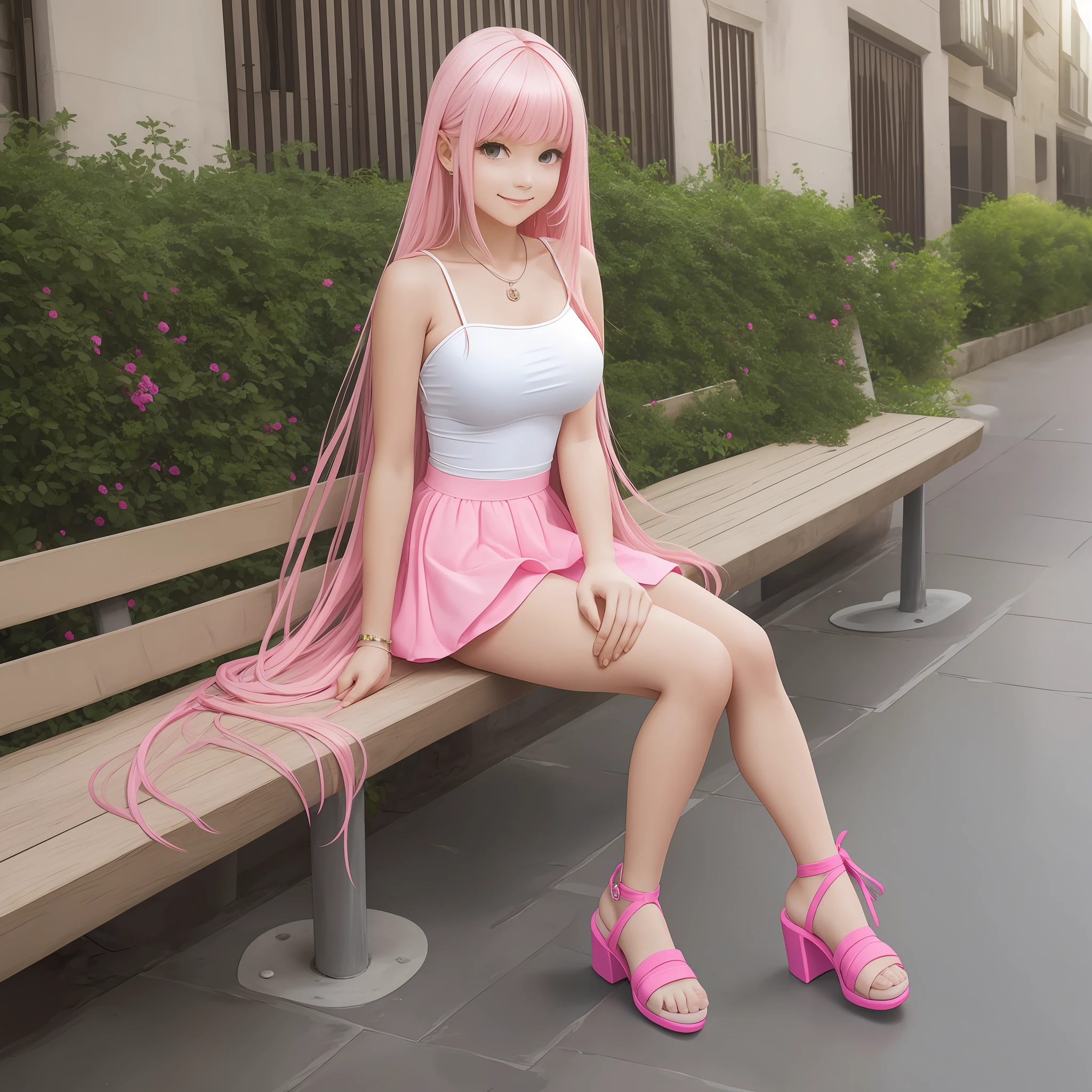 Beautiful girl, white tube top, pink mini skirt, dress, white mule, pink long hair, full body photo, invincible smile, slender, sitting on bench
