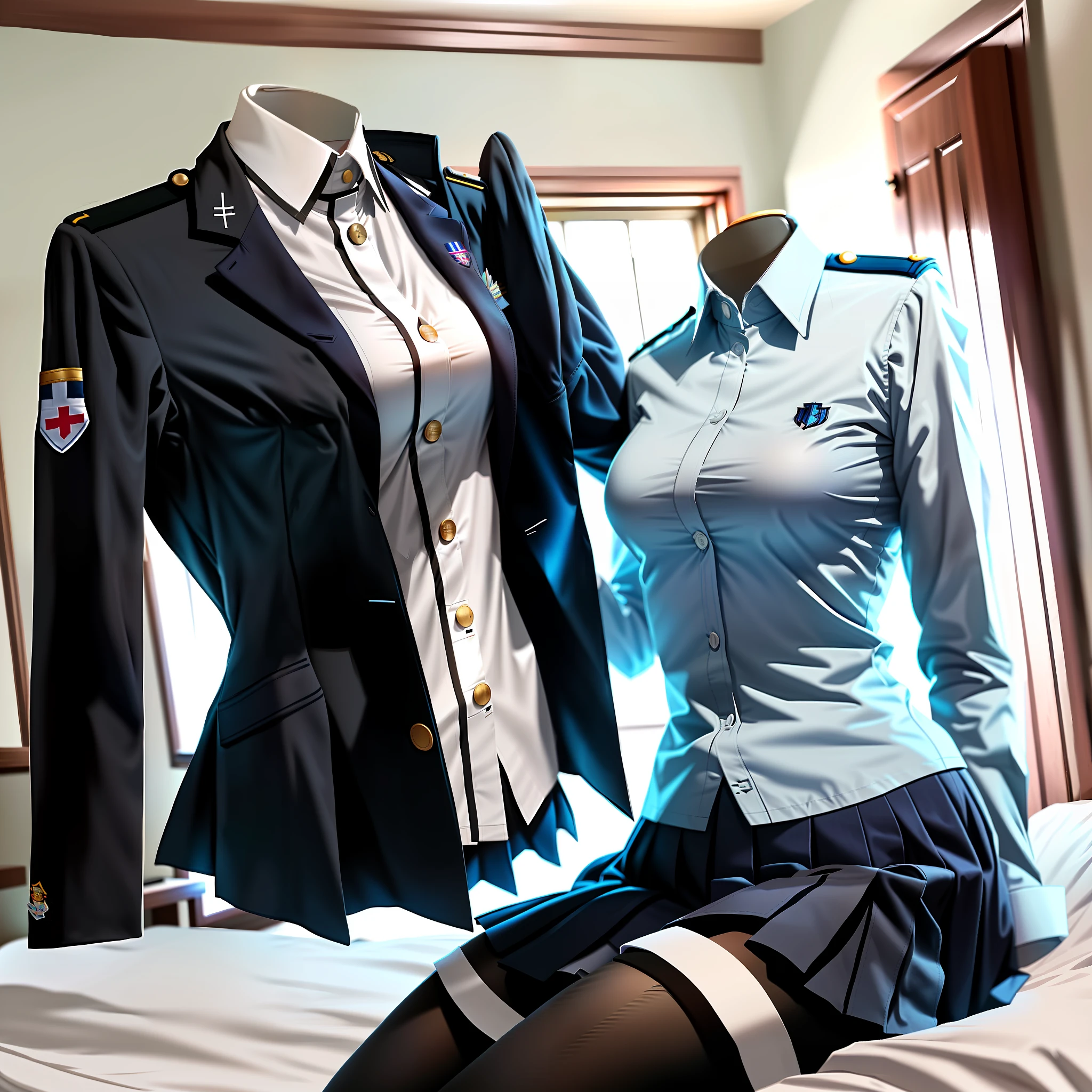 Invisible girls, without humans, headless, uniforms worn by invisible girls, (realistic: 0), headless, empty, headless, headless, invisible girl, uniforms, empty clothes, invisible body, invisible head, empty clothes, invisible girls, uniforms, invisible body, invisible head, clothes has big breasts,black tights, lying uniforms on the bed swells as if invisible girls wearing them, girl's busty uniforms begin to raise their sleeves and cross their sleeves on its own as if worn by invisible girls, Hyohon, invisible body, headless, empty clothes, put school uniforms on the bed, invisible girls