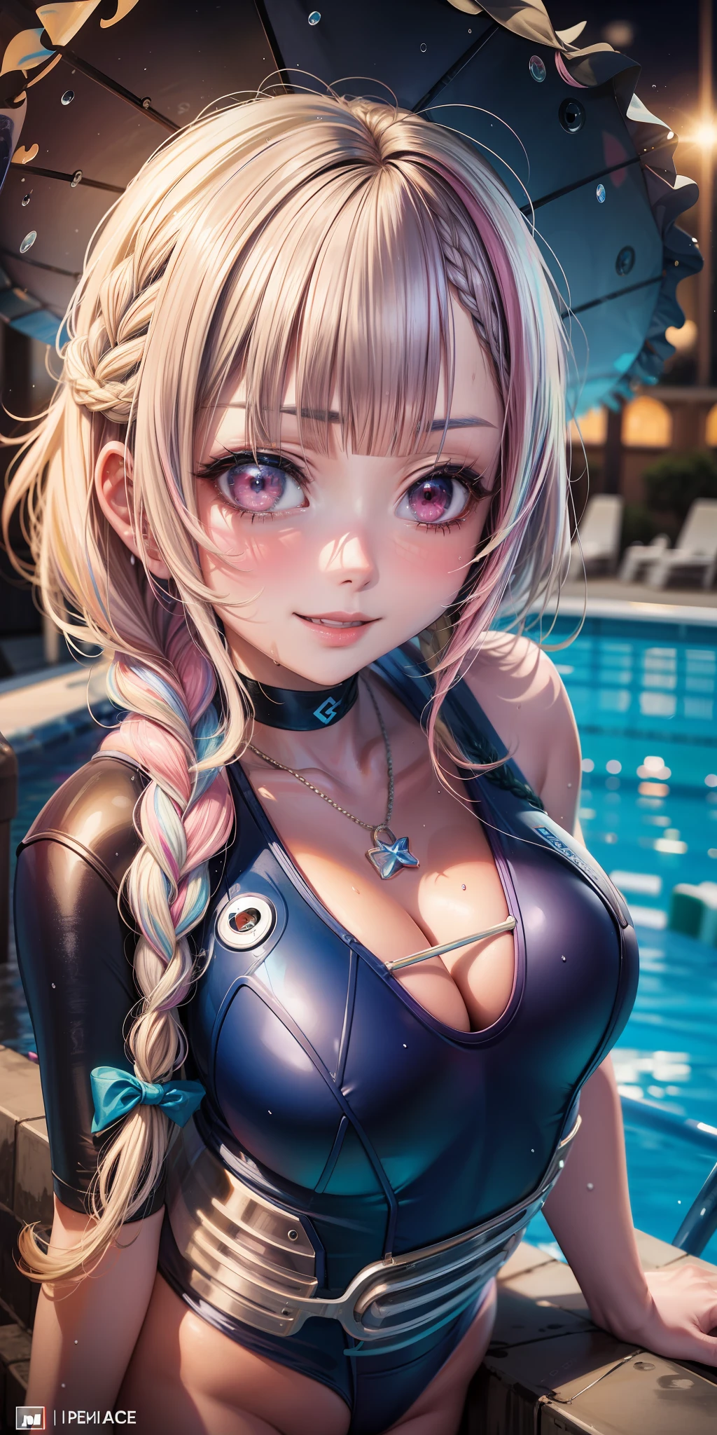 (((anime))), ((animated)), (GAL), medium hair, (braid hair:1.3), (blunt bangs:1.2),two-tone hair, blonde hair, (pink hair), round face, red eyes, (drooping eyes), (((tareme))),Pink Lip,piercing,necklace,[black skin],(wet skin),(smile), ((((cute)))), beautiful, 1 girl, solo, (blue one-piece swimsuit:1.4),revealing cleavage,beautiful background,(pool:1.5),morning,sunlight,backlighting,masterpiece,best quality,exquisite,8k,absurdres,super fine illustration,(looking at viewer),