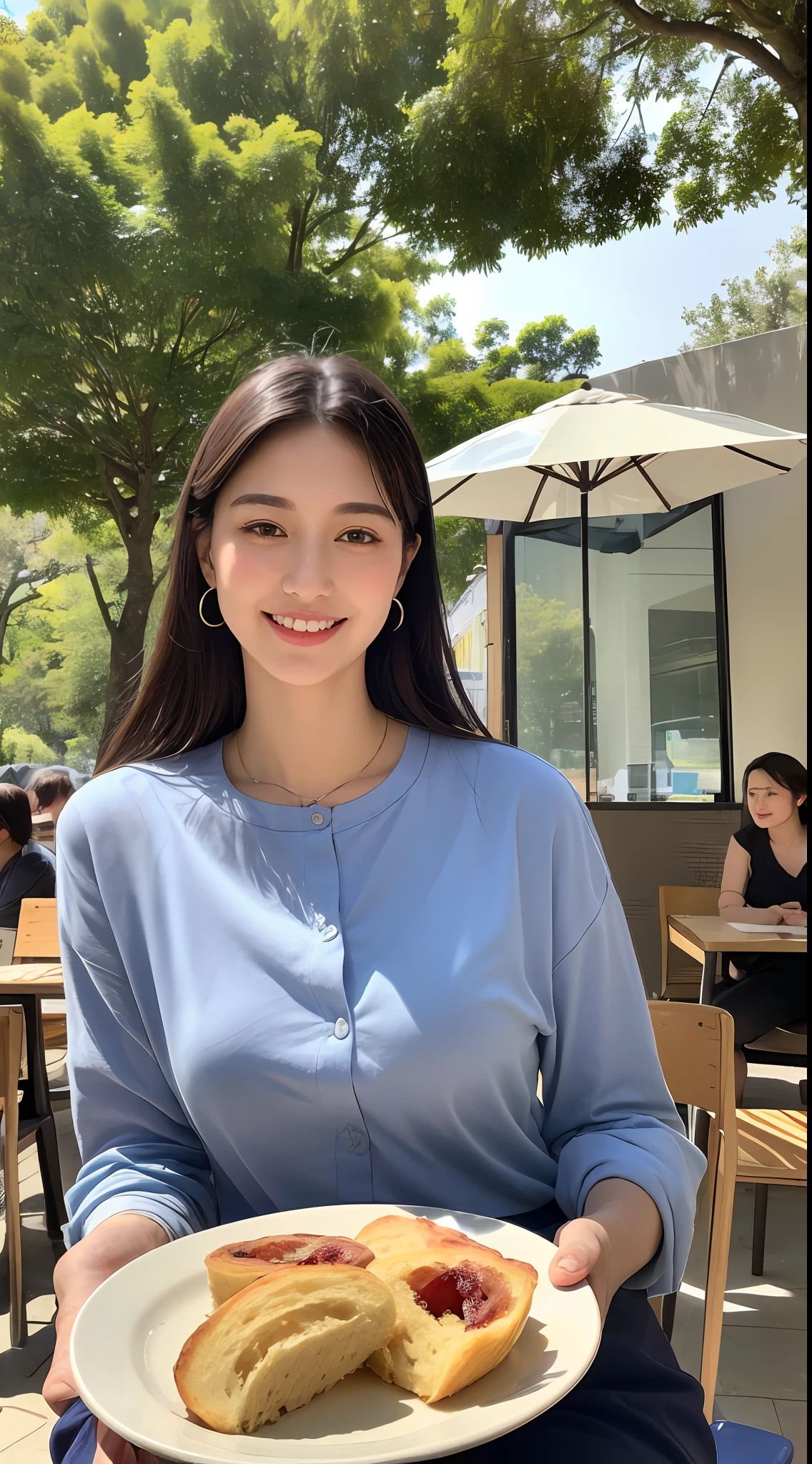 ((Best Quality, 8K, Masterpiece: 1.3)), Upper Body (1.3), Huge (5), Transparent, Outstanding Style, Gentle Face, Parallel Eyebrows, Smile, Natural Makeup, Accented Clothes, Refreshing, Lunch in a Café in the Sun, Walk Through the Trees of the City
