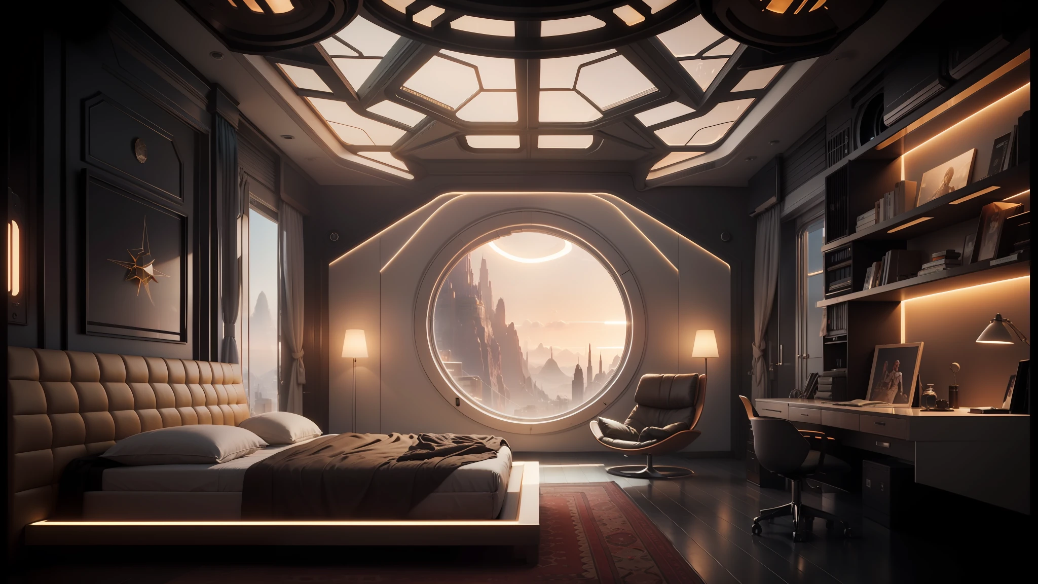 arafed bedroom with a round window and a bed in it, cozy 9 0 s bedroom retrofuturism, retro futuristic apartment, cgsociety 9, futuristic room background, futuristic room, jessica rossier color scheme, futuristic interior, futuristic. game cg, unreal engine 5 8 k rendering, cgsociety unreal engine, unreal engine 5 4k render, sci - fi interior --auto --s2