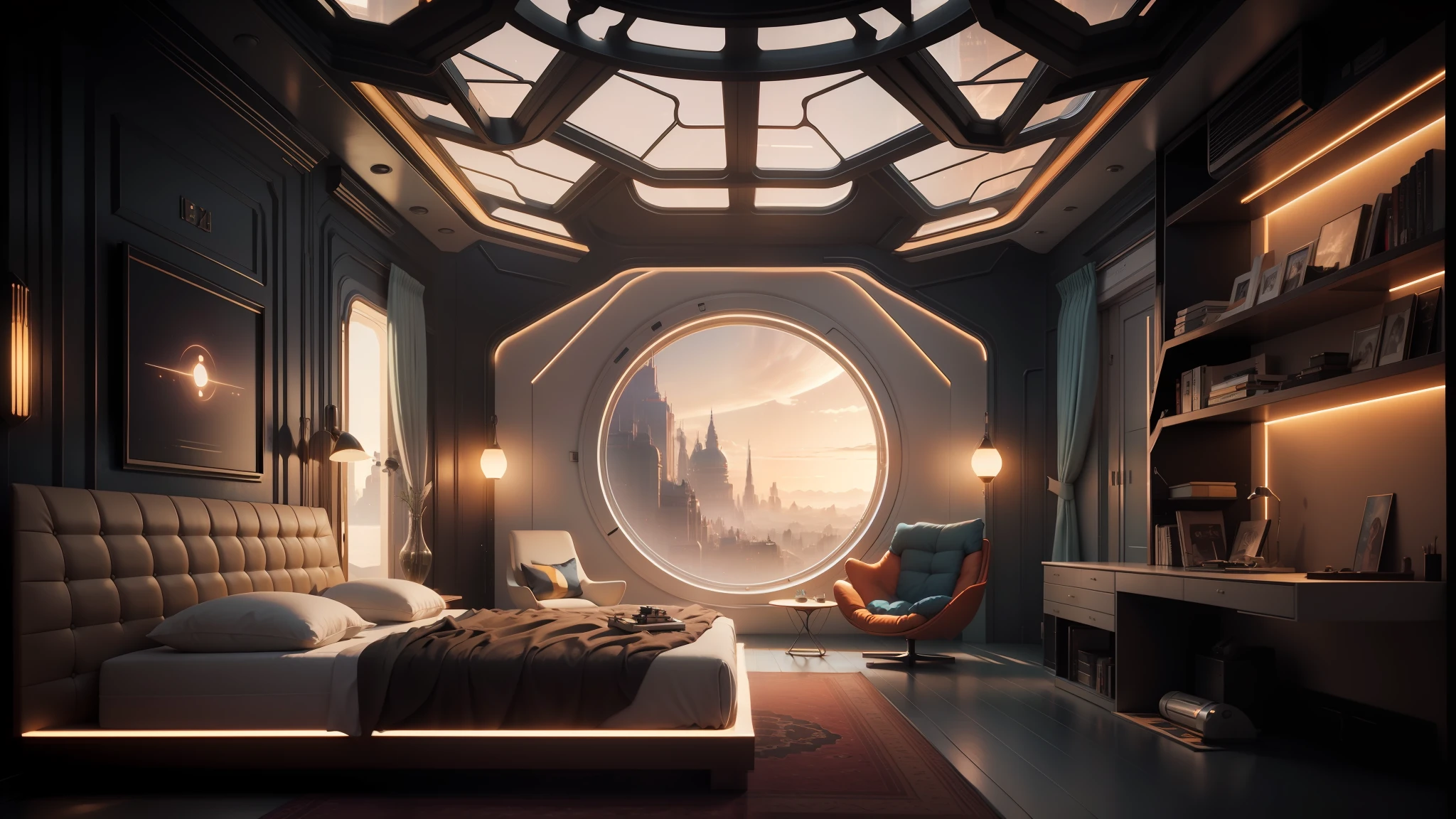 arafed bedroom with a round window and a bed in it, cozy 9 0 s bedroom retrofuturism, retro futuristic apartment, cgsociety 9, futuristic room background, futuristic room, jessica rossier color scheme, futuristic interior, futuristic. game cg, unreal engine 5 8 k rendering, cgsociety unreal engine, unreal engine 5 4k render, sci - fi interior --auto --s2