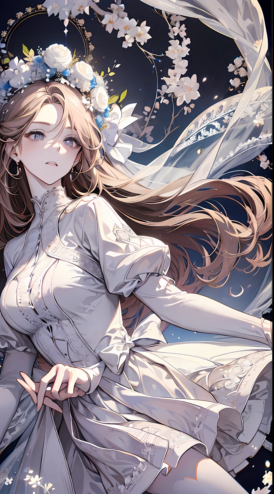 Extreme detail, high quality, elegance, long eyelashes, light chestnut hair, white dress, lace short sleeves, white ballet shoes, delicate face, {extreme sophistication and beauty}, {exquisite finish}, delicate glowing eyes, cinematic light, extreme light effect