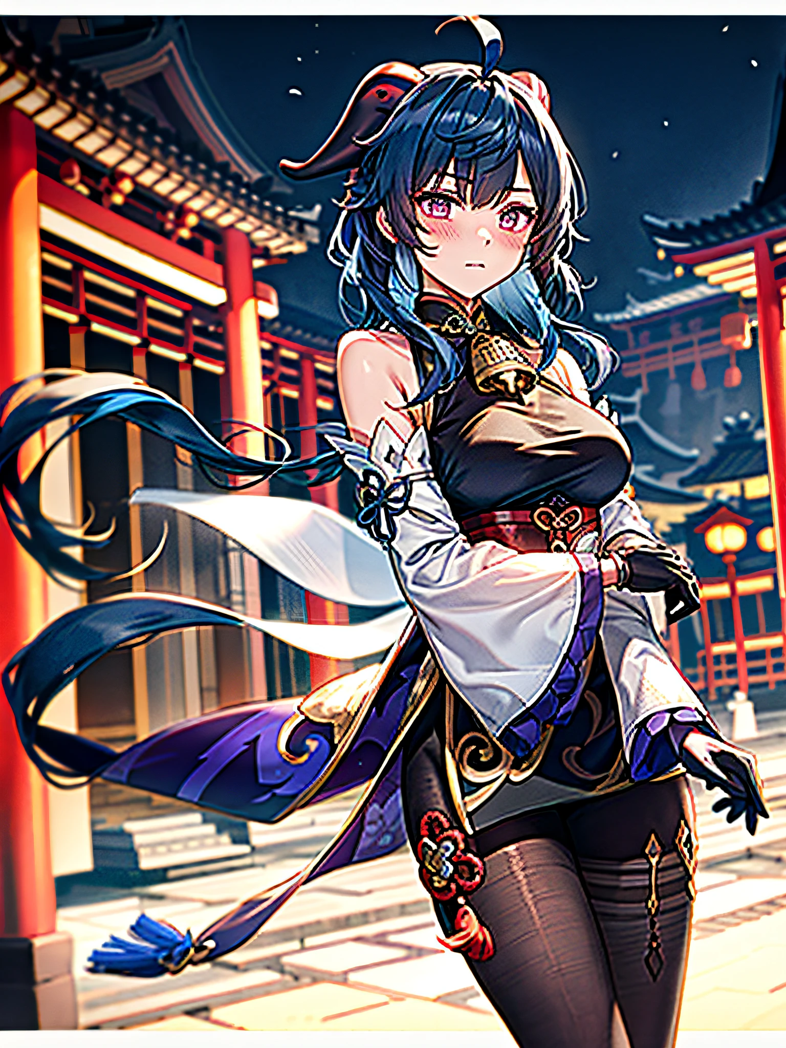 ganyu\(genshin impact\), 1girl, ahoge, architecture, bangs, bare shoulders, bell, black gloves, black tights, ((blue hair), blush, breasts, chinese knot, sleeve, East Asian architecture, flower knot, glove, horn, long hair, looking at the audience, medium chest, neckbell, night, outdoor, pantyhose, purple eyes, sideburns, solo, tassels, white sleeves, ((masterpiece))