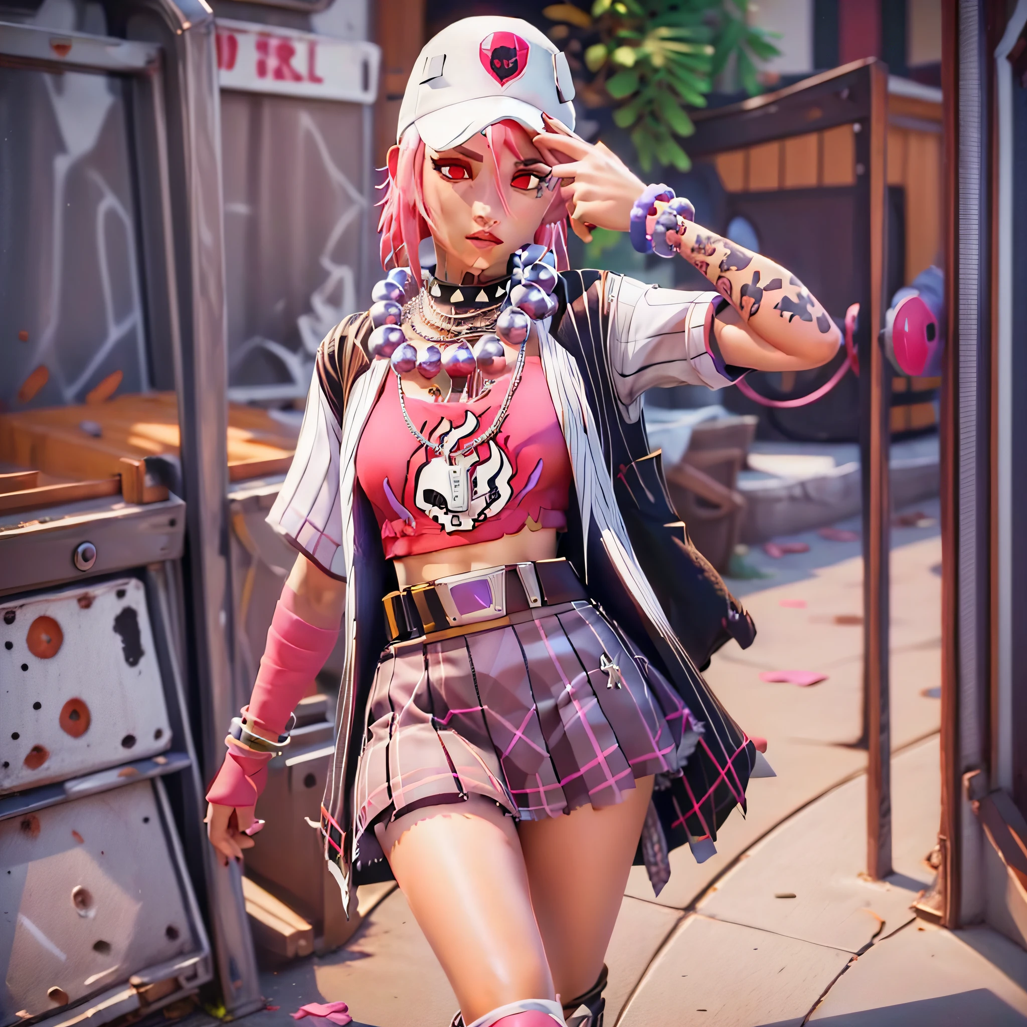 xyzdusty, (Real:1.5), 1 girl, looking_at_viewer, short_hair, red_eyes, Hat, Jewellery, pink_hair, Choker, Necklace, Tattoo, baseball_cap,(Seifuku:1.2), pleated_skirt, (Plaid skirt:1.2), (white dress shirt), Button up shirt,Young cute gravure idol