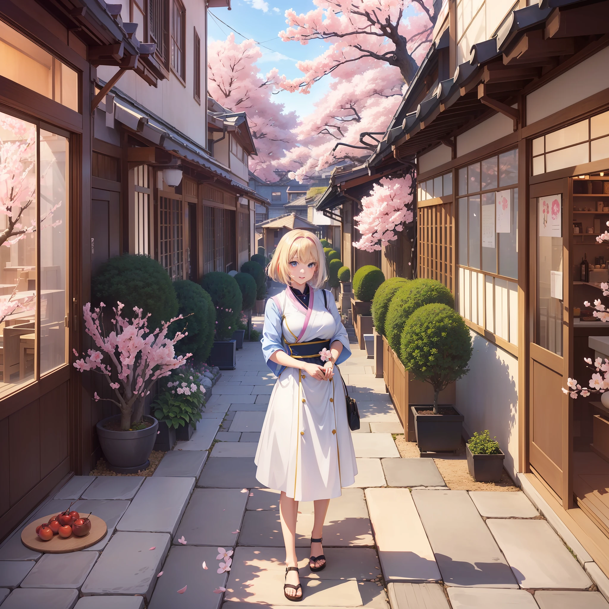 ("Anime Megami no cafe Terrace" by studio Kodansha:1.1), (portrait:1.2), (women named Hououji Akane:1.3), (detailed:1.1), (high resolution), (vibrant colors), (soft shading), (lighting focus on face:1.2), (subtle blur:0.8), (indoor setting), (terrace cafe with cherry blossom trees in the background:1.2), women portrait, blonde short hair, blue eyes