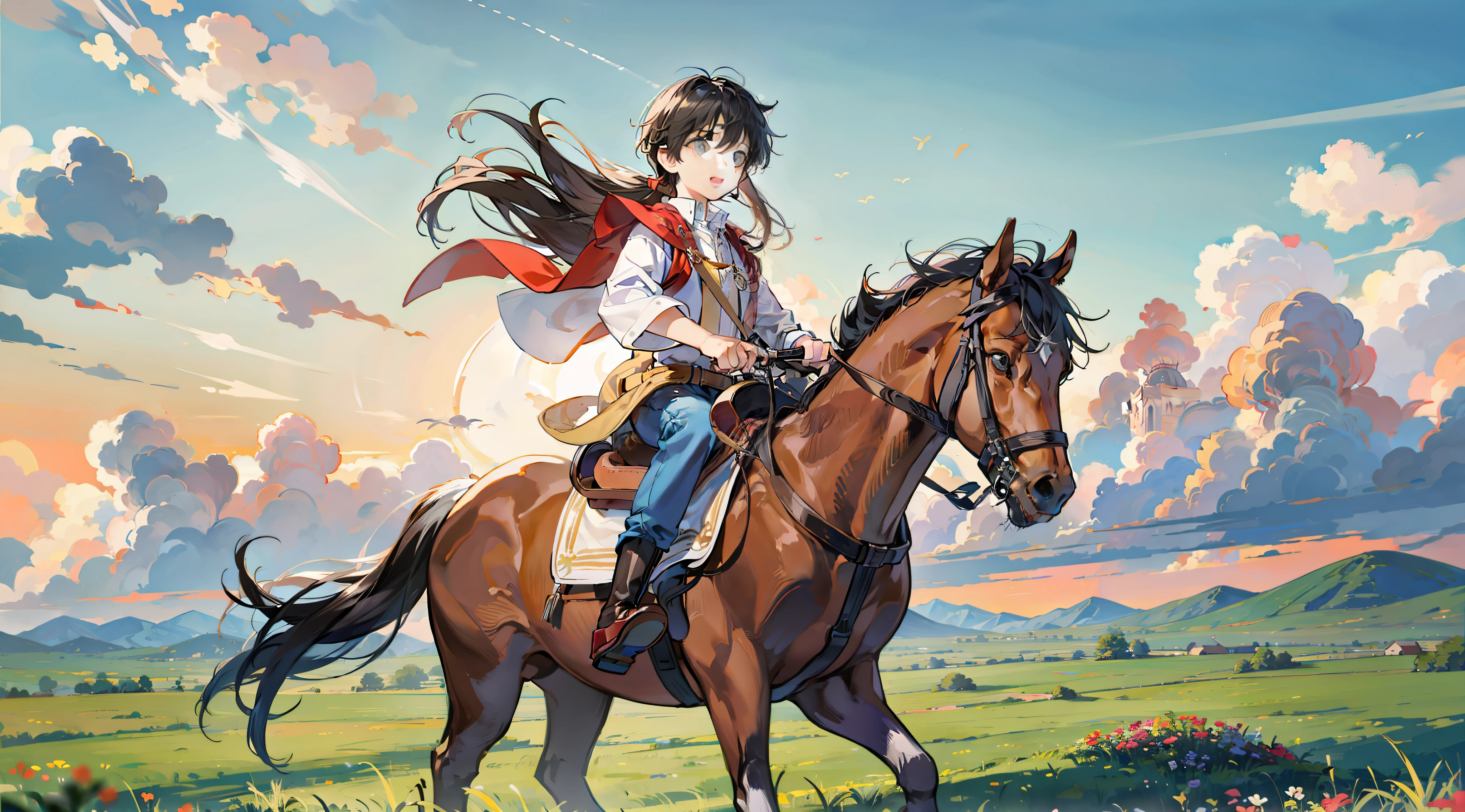 Little boy riding a horse on the prairie