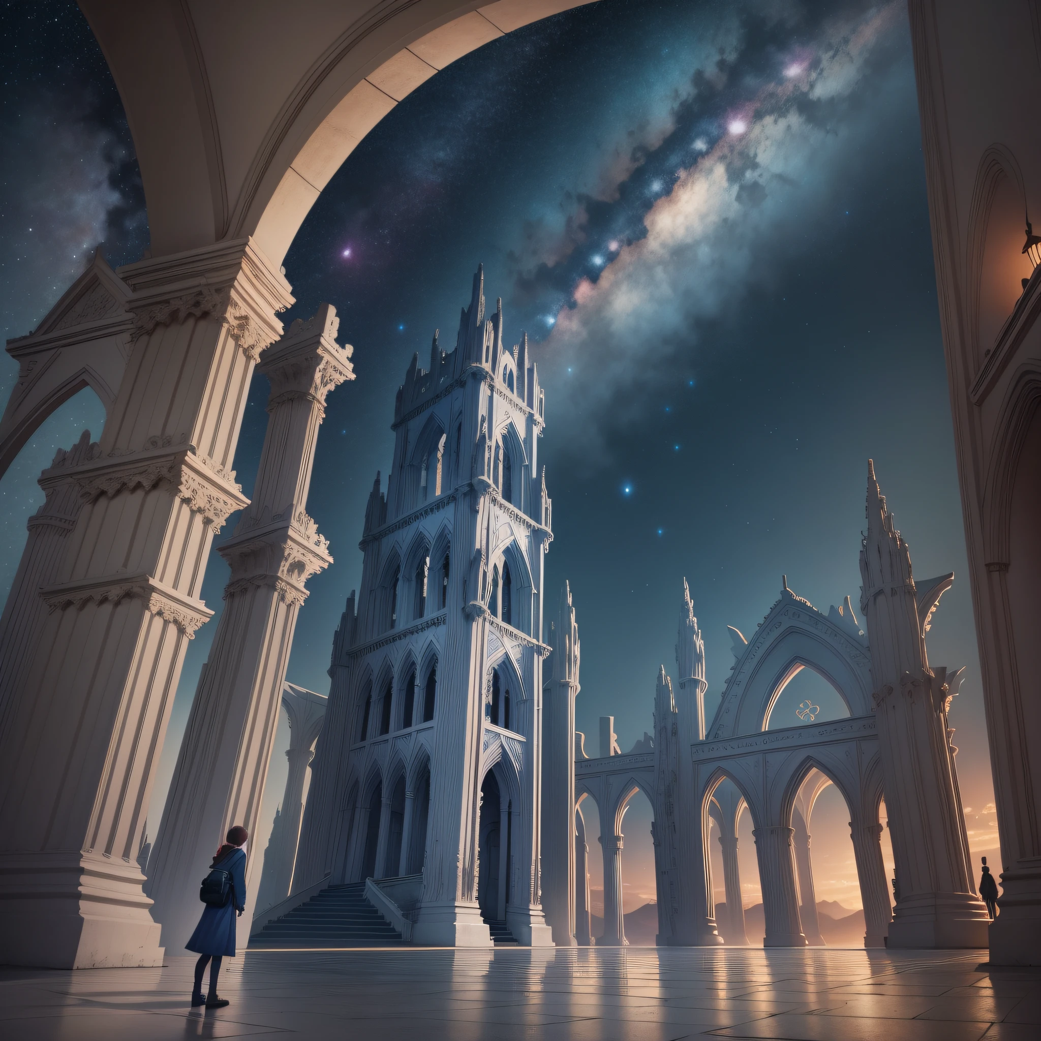 starry sky,clusters of stars,gothic architecture,ruins,ocean,mountain,torii,marker (medium),art of light novel,,