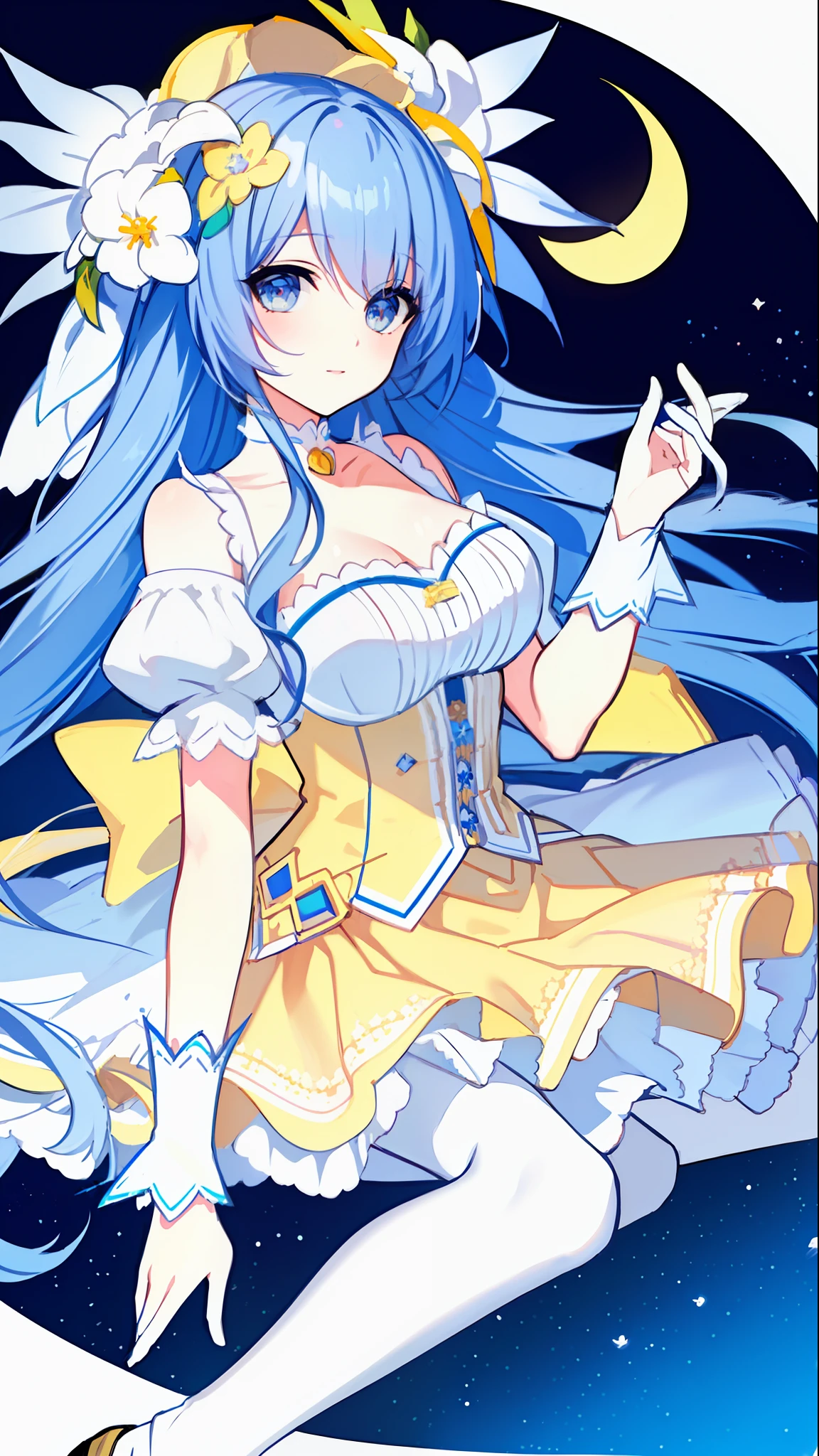 Left-facing, ((((Masterpiece)))), (((Best Quality))), (((Very Detailed))), Detailed Fingers, Illustration, 1 Girl, Solo, Long Sky Blue Hair, Violet Colored Eyes, Flower Hair Ornament, White Feather Hair Ornament, Yellow Moon Hair Ornament, Wide Open Chest, Large Breasts, Large White Ribbon at the Waist, Yellow Idol Dress, With White Flowers, Choker with Yellow Ribbon, White Gloves, White Tights , Yellow Shoes, MIKU, Royal Elegant Pose,
