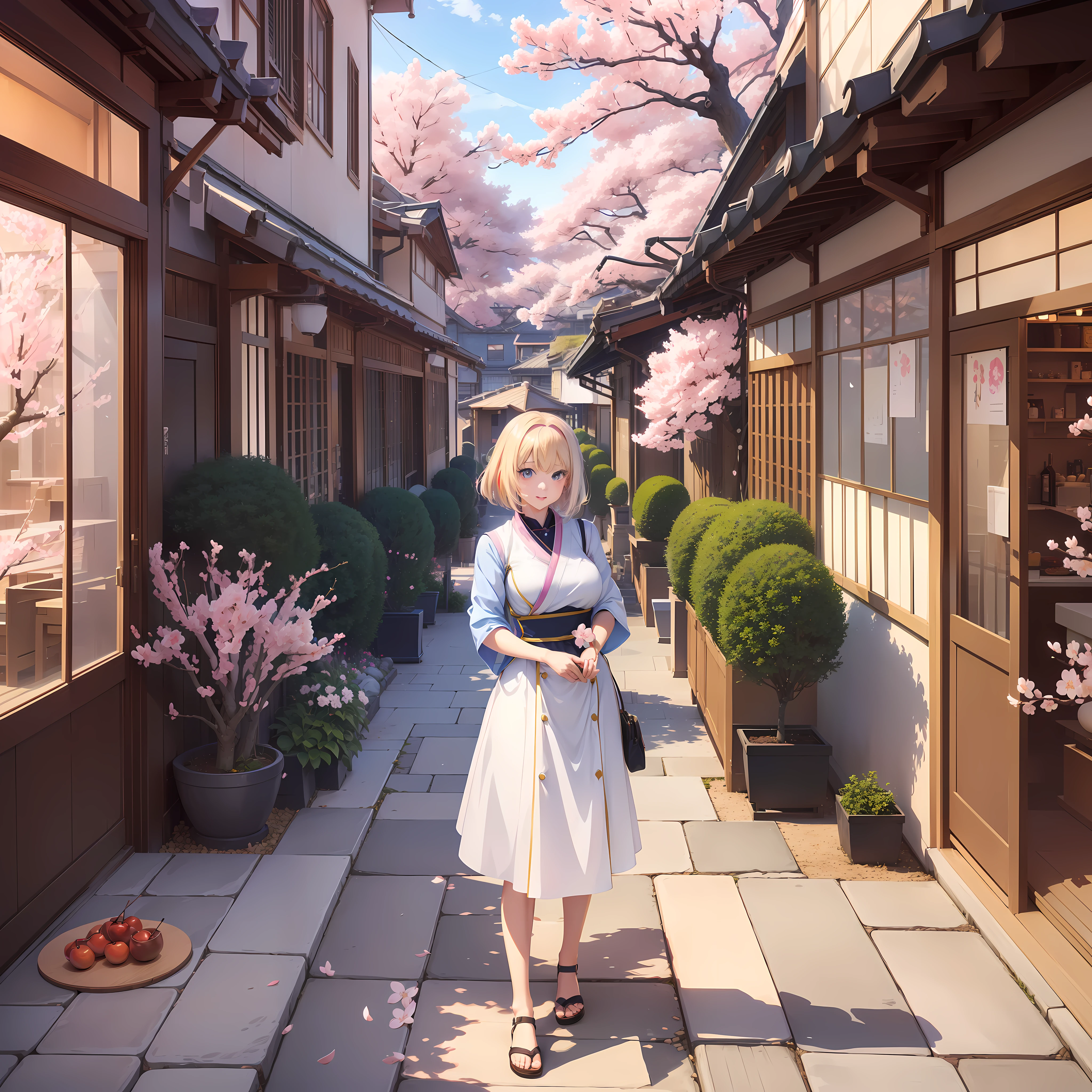 ("Anime Megami no cafe Terrace" by studio Kodansha:1.1), (portrait:1.2), (women named Hououji Akane:1.3), (detailed:1.1), (high resolution), (vibrant colors), (soft shading), (lighting focus on face:1.2), (subtle blur:0.8), (indoor setting), (terrace cafe with cherry blossom trees in the background:1.2), women portrait, blonde short hair, blue eyes