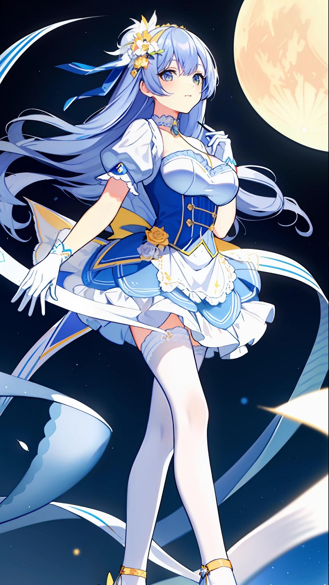 Left-facing, ((((Masterpiece)))), (((Best Quality))), (((Very Detailed))), Detailed Fingers, Illustration, 1 Girl, Solo, Long Sky Blue Hair, Violet Colored Eyes, Flower Hair Ornament, White Feather Hair Ornament, Yellow Moon Hair Ornament, Wide Open Chest, Large Breasts, Large White Ribbon at the Waist, Yellow Idol Dress, With White Flowers, Choker with Yellow Ribbon, White Gloves, White Tights , Yellow Shoes, MIKU, Royal Elegant Pose,