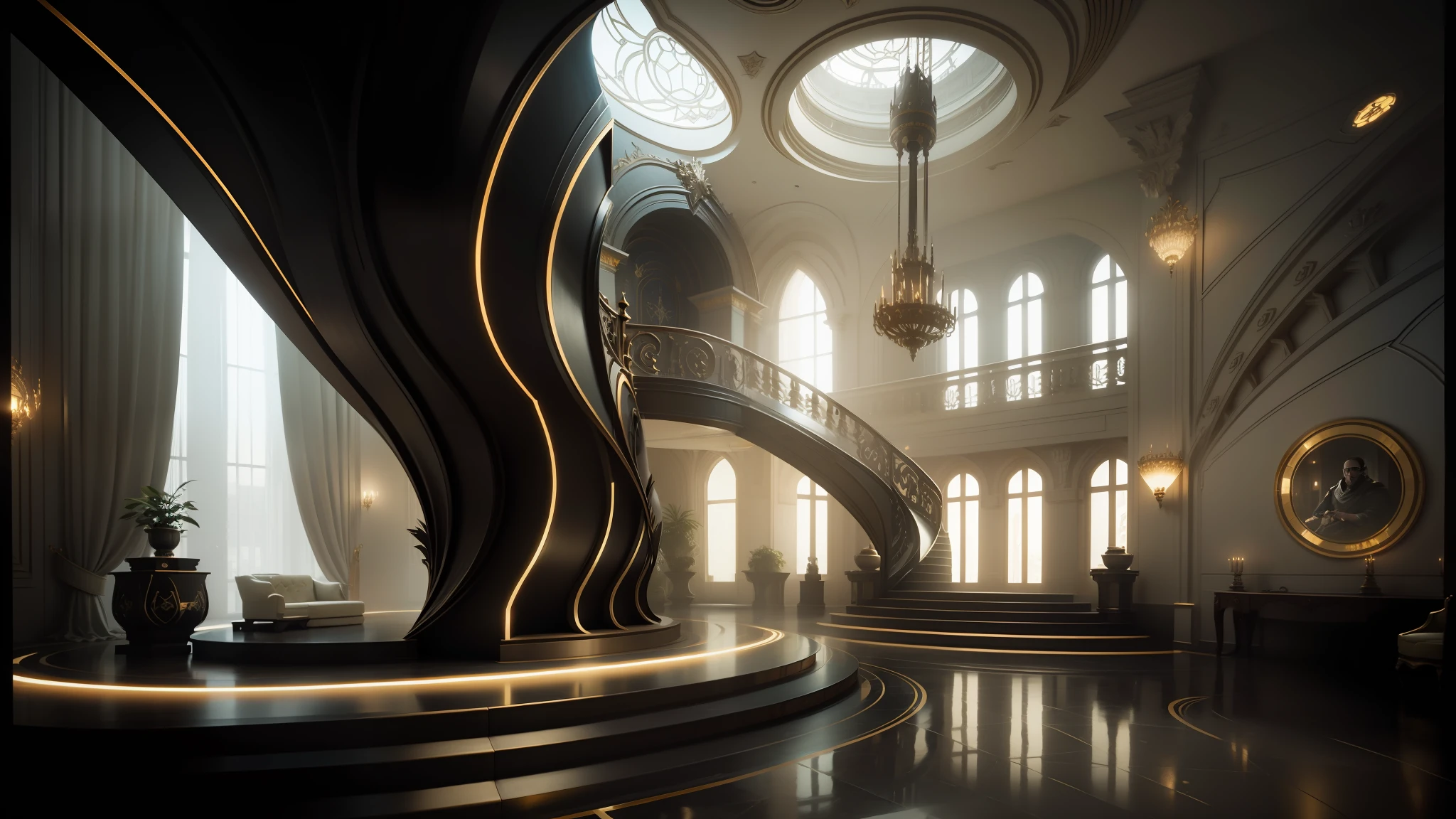 there is a large room with a staircase and a circular staircase, futuristic persian palace, cgsociety unreal engine, exquisitely designed throne room, unreal engine render, unreal engine 5 : :, futuristic palace, rendered in lumion, unreal engine hd render, unreal engine render saint seiya, rendered in lumion pro, unreal engine 5 render, unreal engine 5 » --auto --s2
