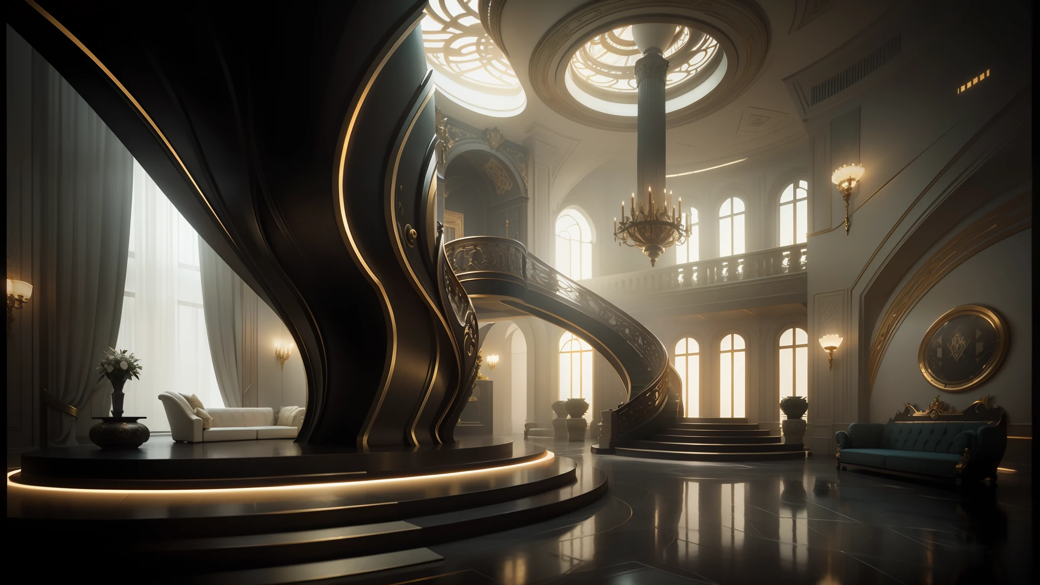 there is a large room with a staircase and a circular staircase, futuristic persian palace, cgsociety unreal engine, exquisitely designed throne room, unreal engine render, unreal engine 5 : :, futuristic palace, rendered in lumion, unreal engine hd render, unreal engine render saint seiya, rendered in lumion pro, unreal engine 5 render, unreal engine 5 » --auto --s2