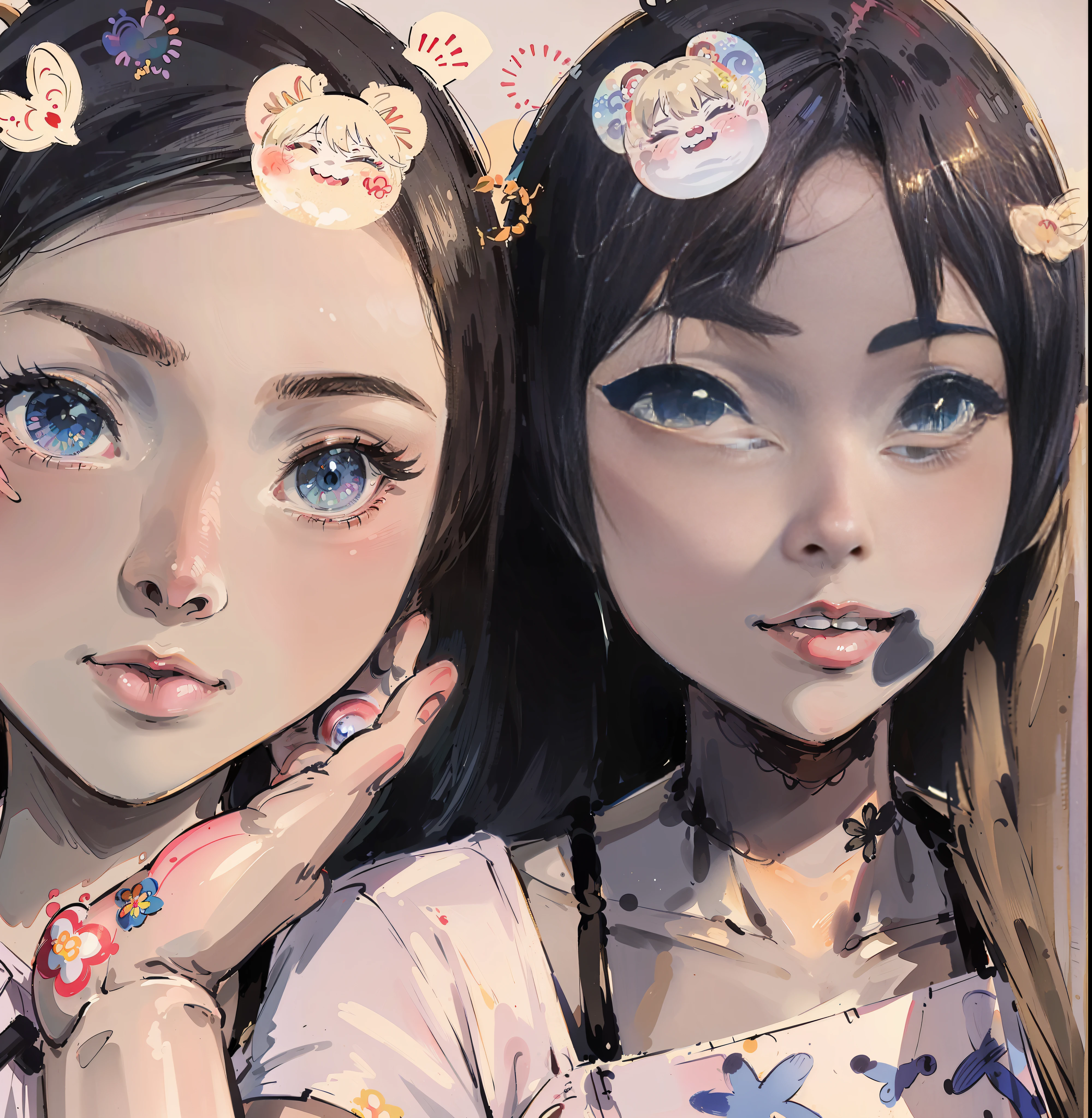 cartoon characters, two Asian girls with stickers on their hands on their faces; 🌞🌄 , Yoshitomo Nara and Aya Takano, Sakimichan, Colorful]", cute colorful cute, happy!!!, Ayakmi Kojima and Ryder Caldwell, makeup, Uu, cute - fine - face, 🪔 🎨 peach and goma style