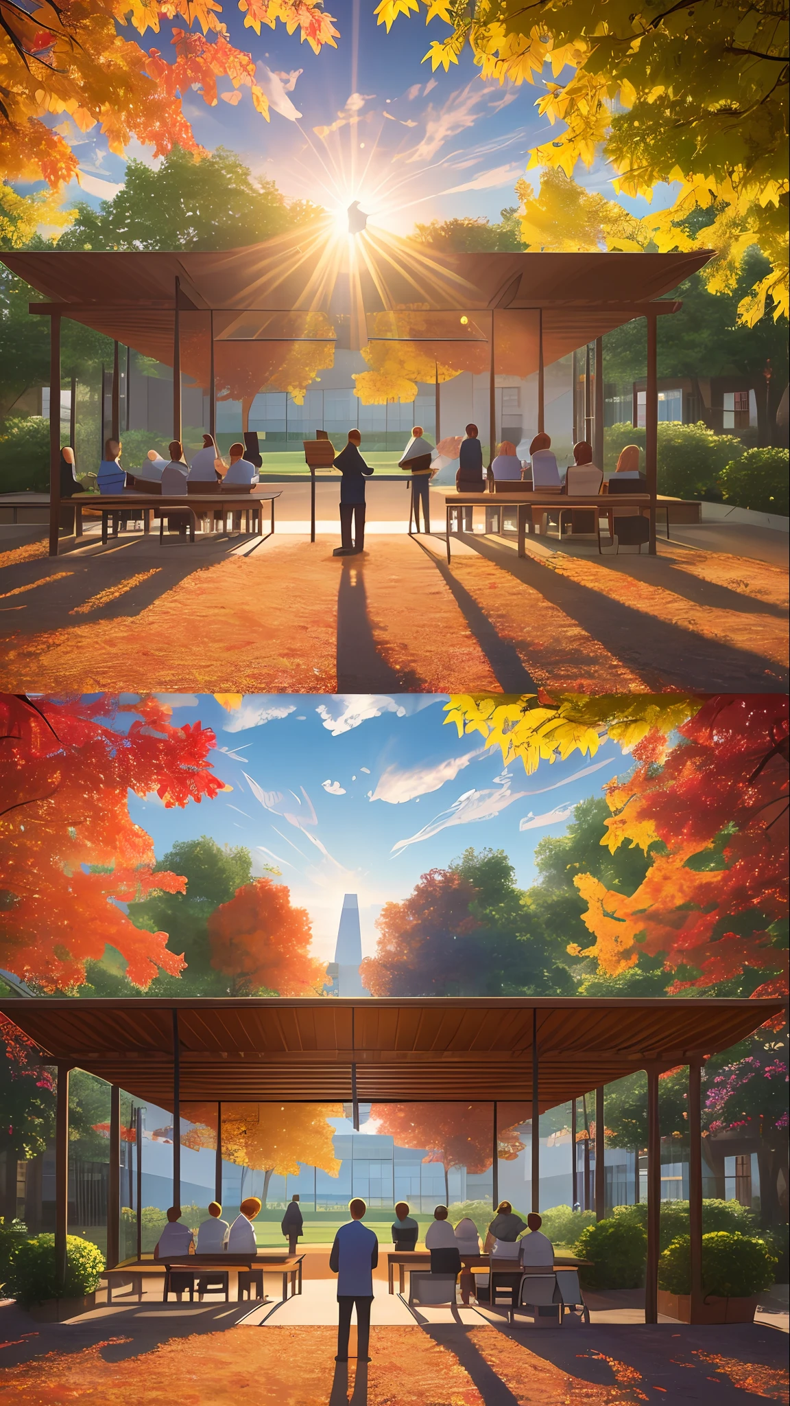 Ask to draw two teachers standing on the playground, a man and a woman, the sun is on the right, the upper left corner is drawn a few maple leaves, working and studying in the sun. The sunlight shines down from the sky to form a spectrum of seven colors, representing the seven categories of teacher's virtue, wisdom, innovation, vitality, collaboration, responsibility, and vision. The teacher stands in the sun, holding a book, facing the students, showing a positive state of mind. The whole picture is bright and warm, full of hope and vitality. --auto --s2