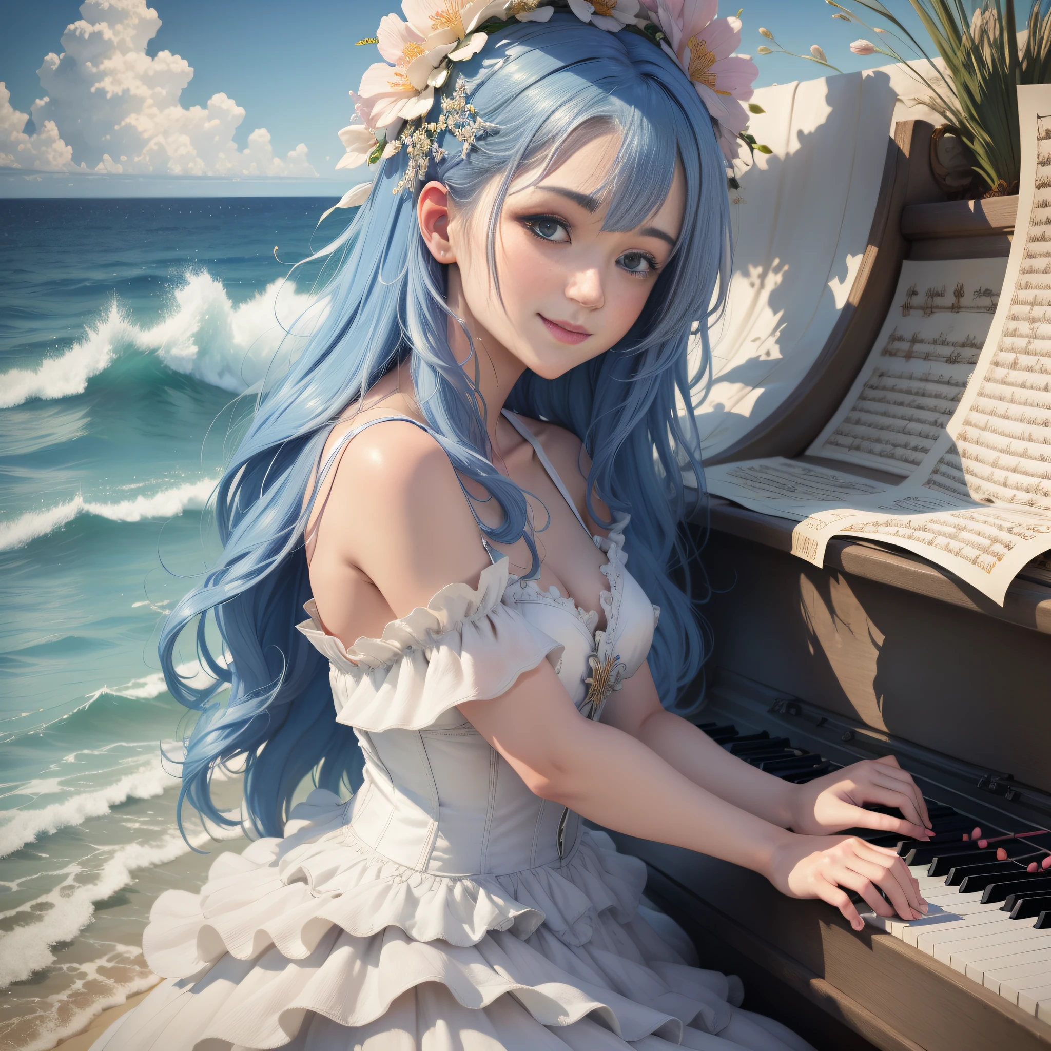 ((faux traditional media)),(best quality), ((masterpiece)), (highres), original, extremely detailed 8K wallpaper, dynamic angle,1girl,wedding_dress,smile,sky background,clouds, seagulls,(an extremely delicate and beautiful),girl with blue hair sitting by the sea and (playing the piano),beach,cinematic lighting, volume lighting, bloom effect, light particles,floating hair,bloom,(intricate detail), (highly detailed skin), (close up shot),