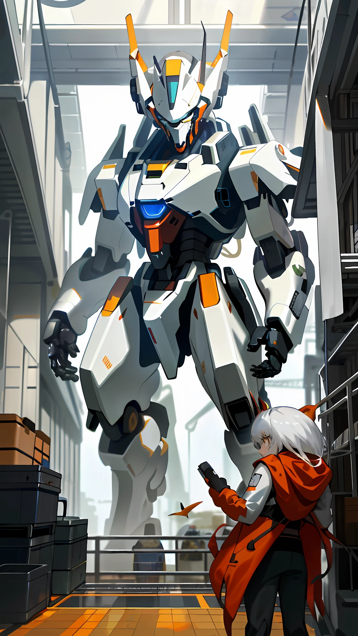 (Extreme detail depiction, super high image quality performance) The Alafard robot stands side by side with people in the warehouse, (silver white: 1.1, mecha: 1.2 + mecha appearance: 1.2), next to Alexander Ferra white mecha, Alexander Ferra mecha, and painting humanoid mecha, Voitek Foss, (giant mech: 1.3 + Greg Rutkowski: 1.1 + Krenc Kusaud: 1.1), mecha atmosphere.