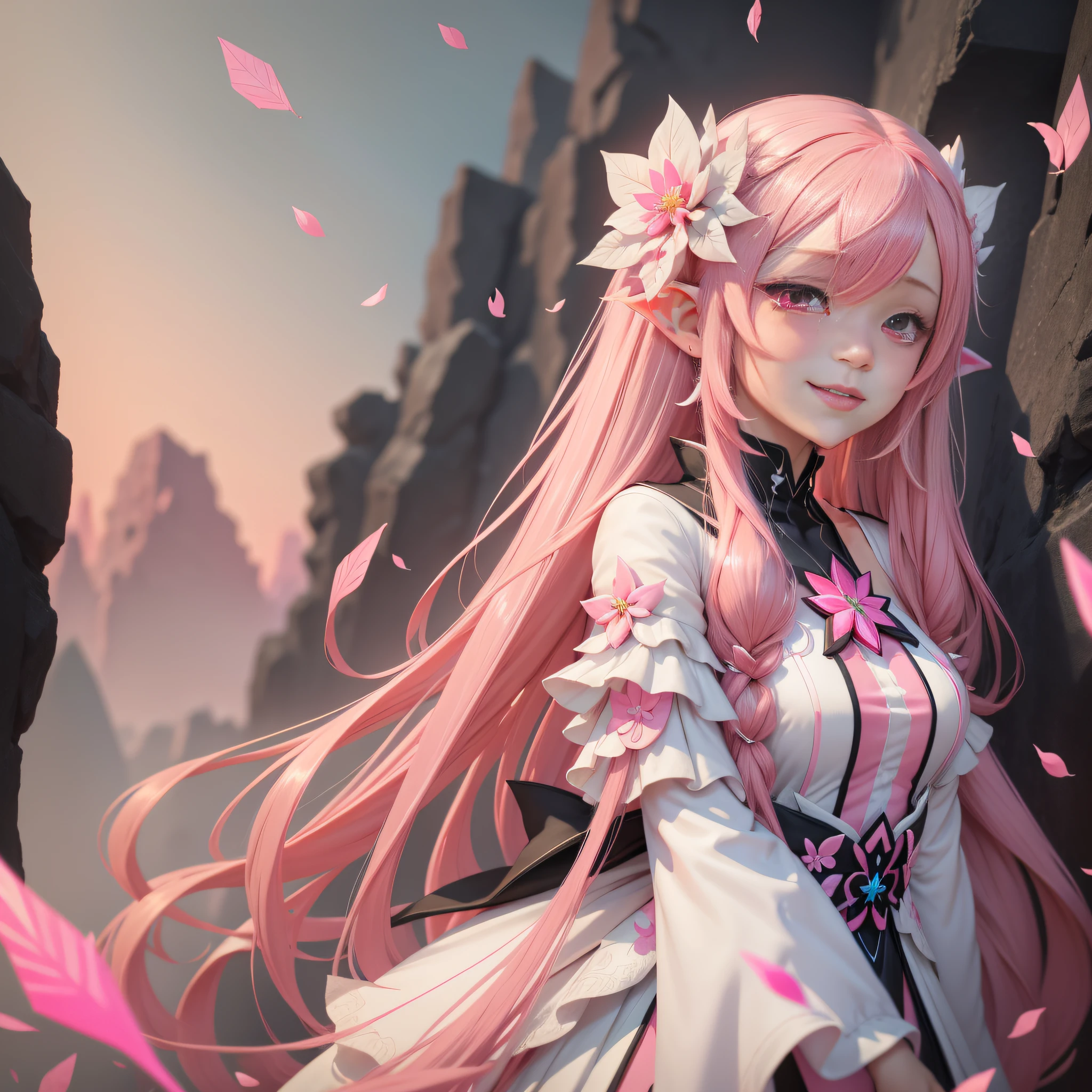 honkai impact 3rd,pink hair,long hair,elf ear,pink eyes,crystal flower,white clothes,black clothes,pink clothes,pink sky,golden accessories,crystal,birds,pink crystal,bridal gown,bow,arrow,smile,love,elysia,