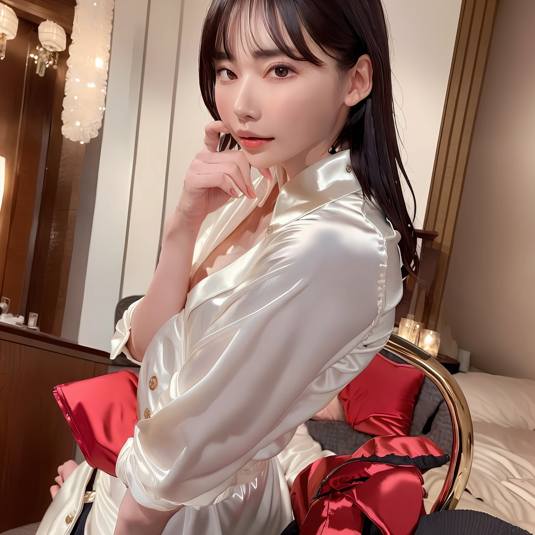 wear a satin wrench coat, the material of the satin wrench coat and satin blouse is shiny, soft and smooth to the touch, the buttons on the satin wrench coat are large, the buttons in front of the satin wrench coat are fastened, and the underwear is not worn, the collar of the satin blouse must be taken out of the satin wrench coat, satin blouse that fits the body, chest is C cup, Japan fashion model, full body shooting, one beauty, the place is a hotel bedroom, the eyes are clear double, wet lips and appeal,