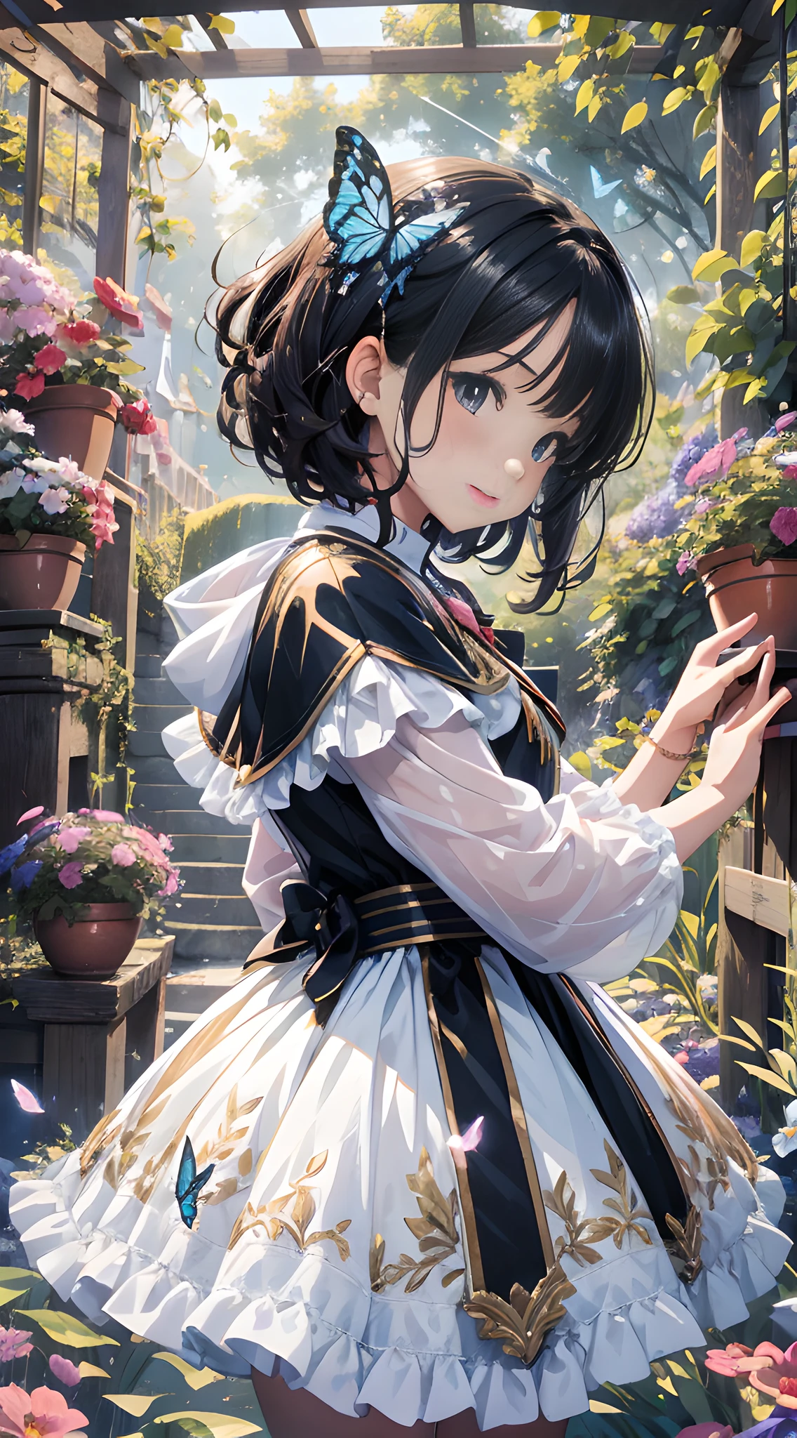 GIB\(CONCEPT\), JAR, BOTTLE, (Short hair:1.2), ((best quality)), ((masterpiece)), ((realistic)), (( walking in a garden, inside a cute jar, wearing a dress with a hair ornament, surrounded by flying butterflies andwing flower petals)), Immerse yourself in a world of wonder as you witness a 7-year-old girl, adi-like, exploring a whimsical garden within a tiny jar. With her dress adorned with a charming hair ornament, her flowing and glowing hair adds to her irresistible charm. As she takes each step, butterflies gracefully flutter aroher, and flower petals gently sway in the wind, creating a breathtaking display of natural beauty. The silhouette of black vegetation serves as a striking background, highlighting the girl's innocence and joy. In the distance, a firefly flickers, adding a touch of enchantment to the scene. Splashes of water playfully bring the garden to life, evoking a sense of playful delight. Be mesmerized by the Tyndall Effect, as light filters through the jar, casting a luminous background that enhances the vibrant colors and creates a captivating atmosphere. Prepare to be captivated by this splendid and gorgeous masterpiece, where imagination and nature intertwine in a world of vibrant beauty. Haircut model by Layered haircut, possed is Profile pose, sharp pink, shooting angle is Wide-angle view, time is Golden Hour,
