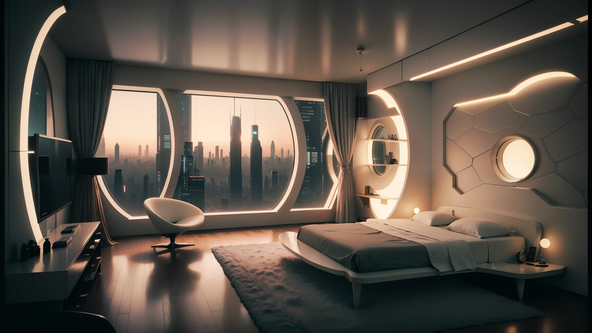 there is a bed in a room with a large window, retro futuristic apartment, cozy 9 0 s bedroom retrofuturism, futuristic room, bladerunner apartment, futuristic room background, cyberpunk apartment, futuristic decor, dystopian city apartment, futuristic interior, the cyberpunk apartment, cyberpunk teenager bedroom, futuristic architectural art, futuristic looking living room, futuristic utopian architecture --auto --s2