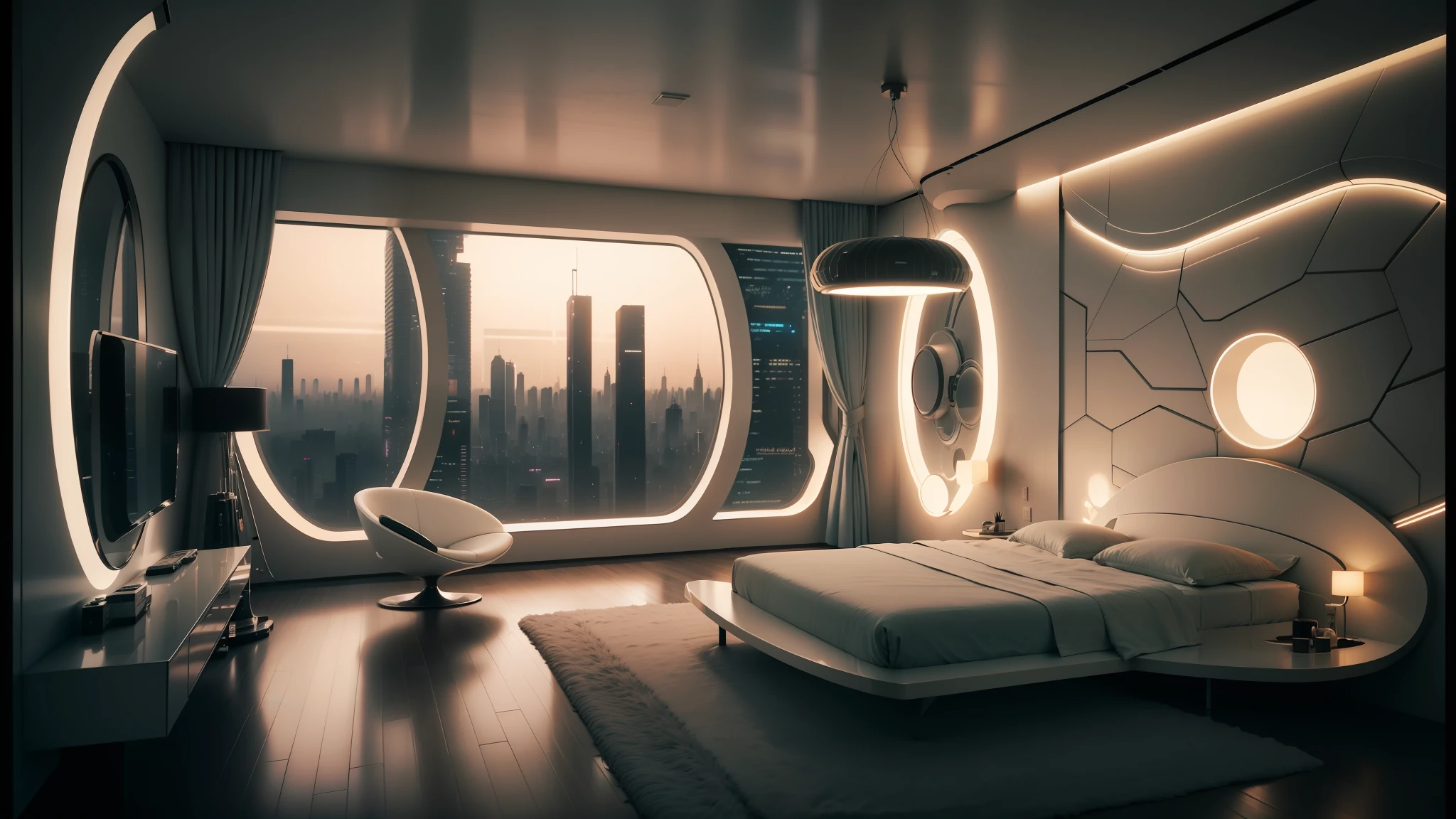 there is a bed in a room with a large window, retro futuristic apartment, cozy 9 0 s bedroom retrofuturism, futuristic room, bladerunner apartment, futuristic room background, cyberpunk apartment, futuristic decor, dystopian city apartment, futuristic interior, the cyberpunk apartment, cyberpunk teenager bedroom, futuristic architectural art, futuristic looking living room, futuristic utopian architecture --auto --s2