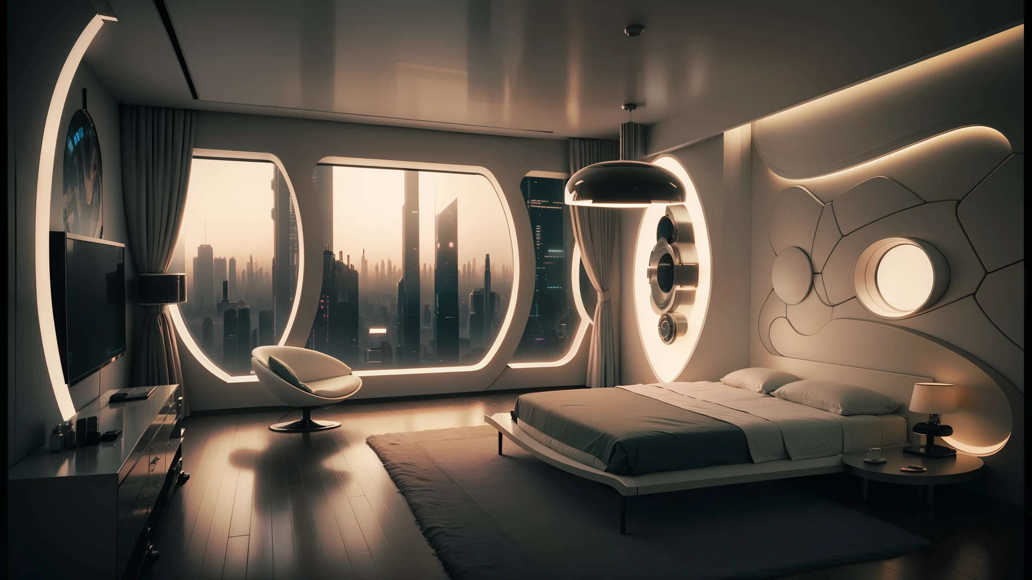 there is a bed in a room with a large window, retro futuristic apartment, cozy 9 0 s bedroom retrofuturism, futuristic room, bladerunner apartment, futuristic room background, cyberpunk apartment, futuristic decor, dystopian city apartment, futuristic interior, the cyberpunk apartment, cyberpunk ager bedroom, futuristic architectural art, futuristic looking living room, futuristic utopian architecture --auto --s2