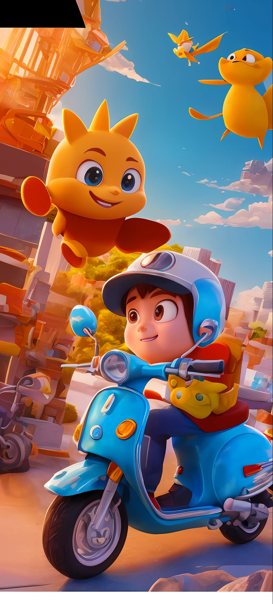 (Cute + digital cartoon characters: 1.2 + scooter: 1.1), (animated movie style rendering: 1.1 + art rendering: 1.05 + close-up performance: 1.05), (fan art style: 1.05 + promotional rendering: 1.1 + movie promotional image sense: 1.1), (children's animated film: 1.1 + 3D animation production: 1.1)