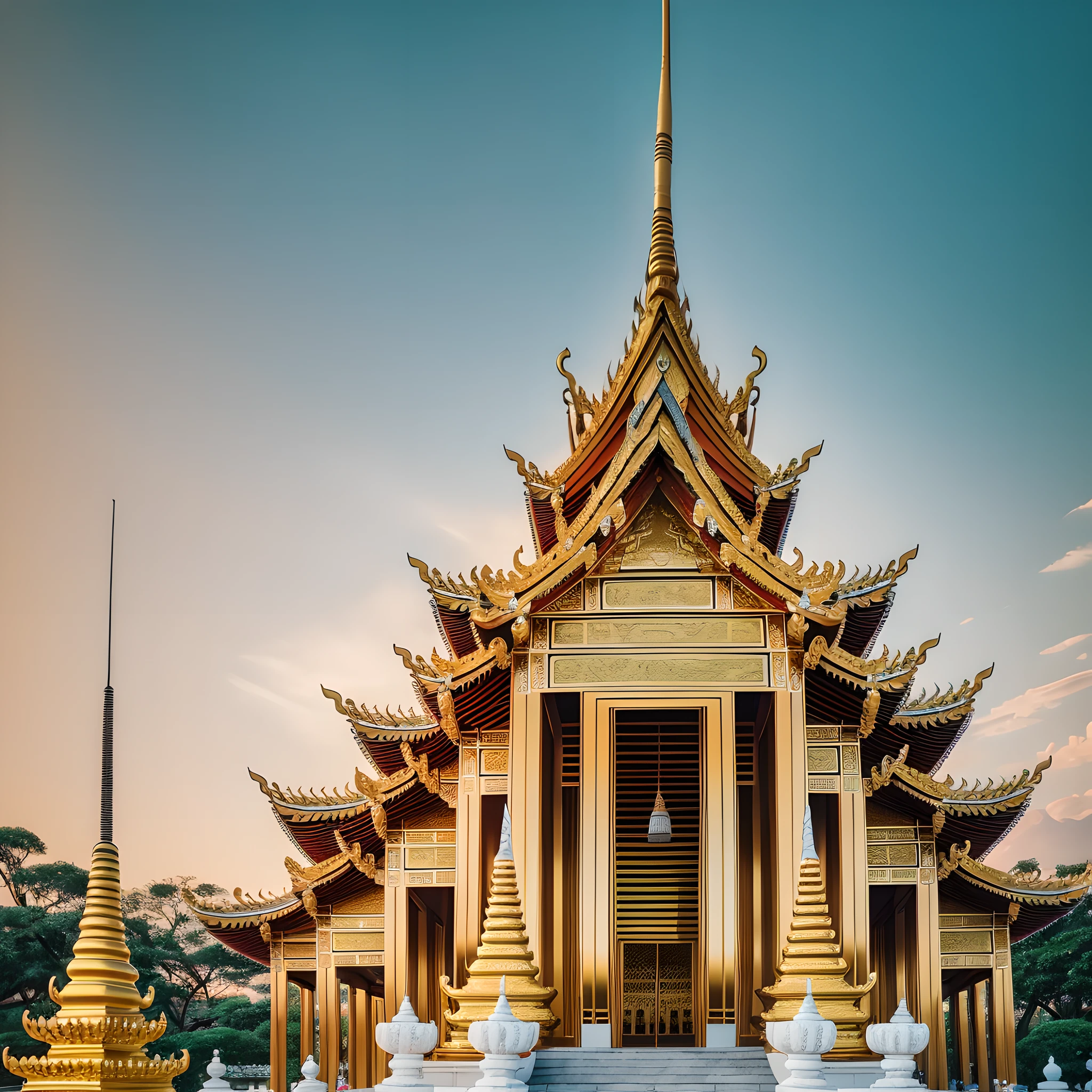 RAW photos of landscapes, small details, realistic, ultra-realistic photos, 8k ultra hd, DSLR, soft light, high quality, film grain, Fujifilm XT3, (masterpiece) golden Thai temple --auto --s2