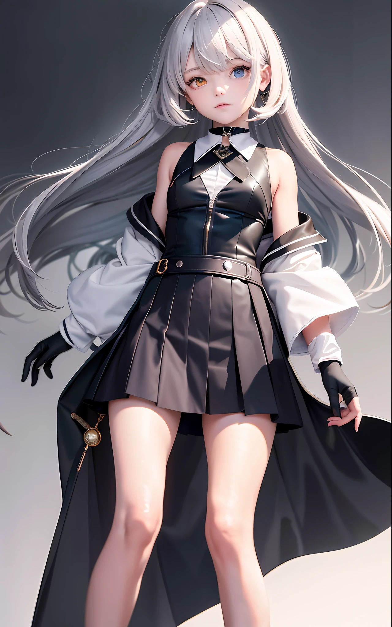 Superb Quality, Masterpiece, High Resolution, Best Quality, UHD, Super Detail, Award-Awarded, 16k, (Upper Body), A Beautiful Maiden, Gray Hair, Hair, ((Heterochromia)), Hanging Corners, Fair Skin, (Small Breasts), (Slim Body), (Japanese Student Uniform with Short Shoulder-length Jacket and Small Suit and Short Skirt)), (Neck Ring), (Short Gloves as Short as Half a Palm)