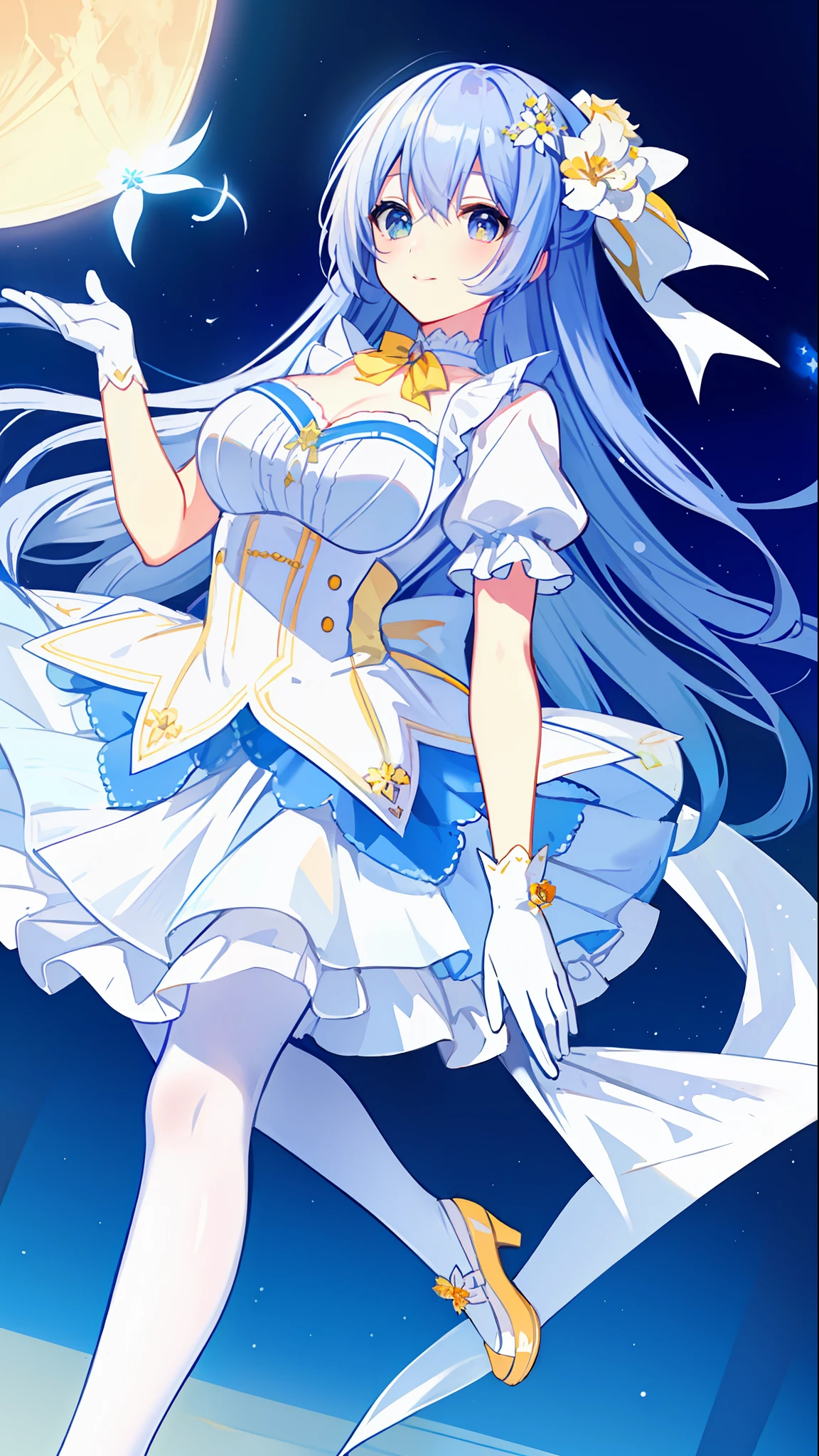 Left-facing, ((((Masterpiece)))), (((Best Quality))), (((Very Detailed))), Detailed Fingers, Illustration, 1 Girl, Solo, Long Sky Blue Hair, Violet Colored Eyes, Flower Hair Ornament, White Feather Hair Ornament, Yellow Moon Hair Ornament, Wide Open Chest, Large Breasts, Large White Ribbon at the Waist, Yellow Idol Dress, With White Flowers, Choker with Yellow Ribbon, White Gloves, White Tights , Yellow Shoes, MIKU, Royal Elegant Pose,