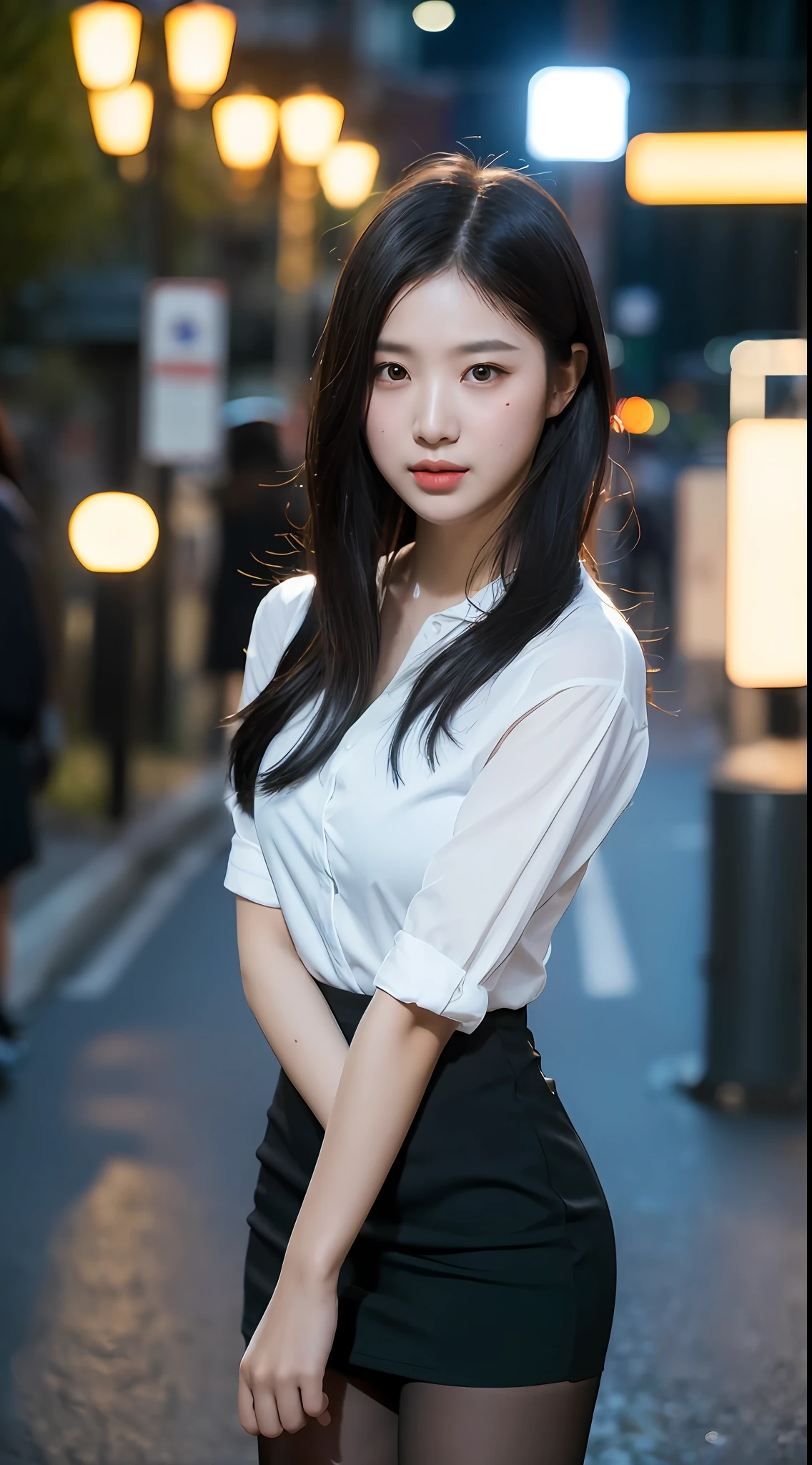 (8k, RAW photo, best quality, master:1.4), ultra high res, (realistic, photo-realistic:1.48),omertosa,1girl,(Kpop idol), (aegyo sal:1), cute, (super bokeh night Downtown: 1.25), Bokeh, Night, Traffic Lights, Road Signs, Rain, After Rain, Humidity, Professional Lighting, Detail Lighting, Photon Mapping, Radiosity, Physically Based Rendering, Black Pantyhose Bloom, Backlighting, Depth of Field , natural lighting, hard focus, film grain, one meter shooting distance, professional shot, shot with Sony a9 II mirrorless camera, detailed eyes, realistic eyes, detailed shadows, looking at viewer, dog ears, detailed lighting, skirt, black dress, long legs, black stockings, (detailed hair, realistic hair, realistic lighting, realistic shadows, realistic clothing), realistic skin, (gun on waist: 1), from above Realistic light reflections, ((back of arms)), (back of hands), tube top, sexy