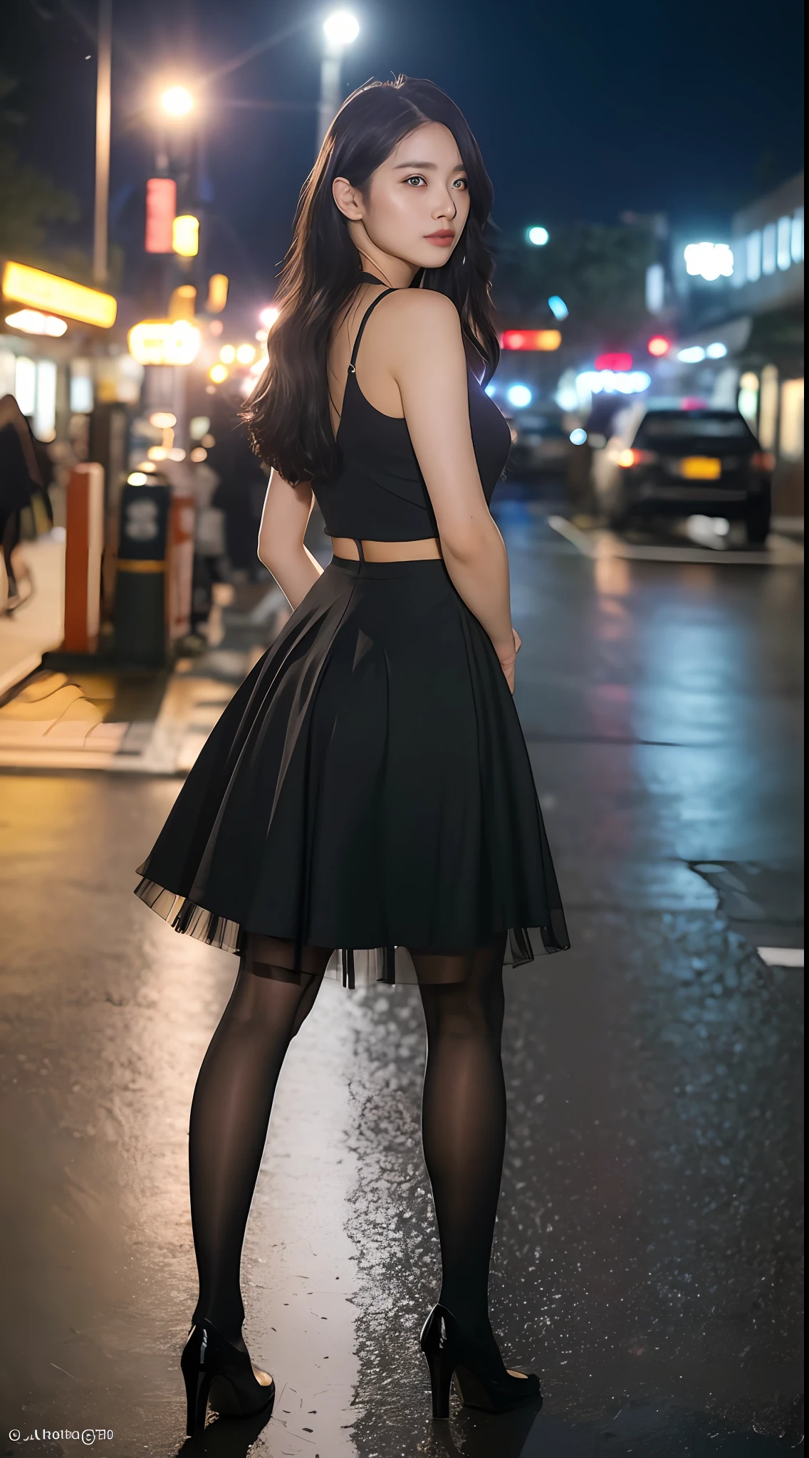(8k, RAW photo, best quality, master:1.4), ultra high res, (realistic, photo-realistic:1.48),omertosa,1girl,(Kpop idol), (aegyo sal:1), cute, (super bokeh night Downtown: 1.25), Bokeh, Night, Traffic Lights, Road Signs, Rain, After Rain, Humidity, Professional Lighting, Detail Lighting, Photon Mapping, Radiosity, Physically Based Rendering, Black Pantyhose Bloom, Backlighting, Depth of Field , natural lighting, hard focus, film grain, one meter shooting distance, professional shot, shot with Sony a9 II mirrorless camera, detailed eyes, realistic eyes, detailed shadows, looking at viewer, dog ears, detailed lighting, skirt, black dress, long legs, black stockings, (detailed hair, realistic hair, realistic lighting, realistic shadows, realistic clothing), realistic skin, (gun on waist: 1), from above Realistic light reflections, ((back of arms)), (back of hands), tube top, sexy