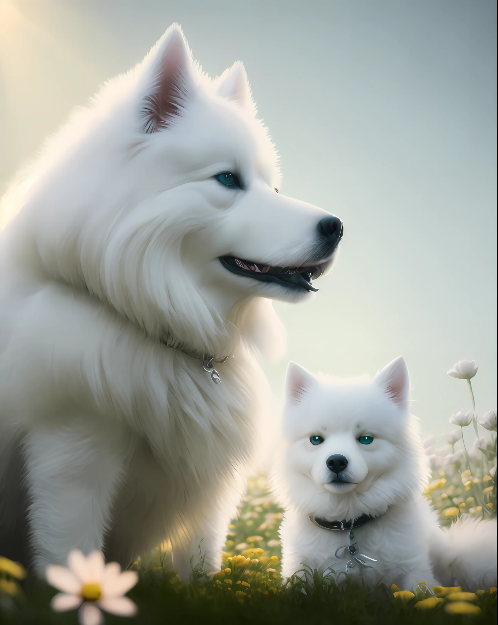 There are two white dogs sitting in a flower field, Samoyed dogs, furry full of light, soft volumetric light, (backlight: 1.3), (movie: 1.2), intricate details, (ArtStation: 1.3), Rutkowski