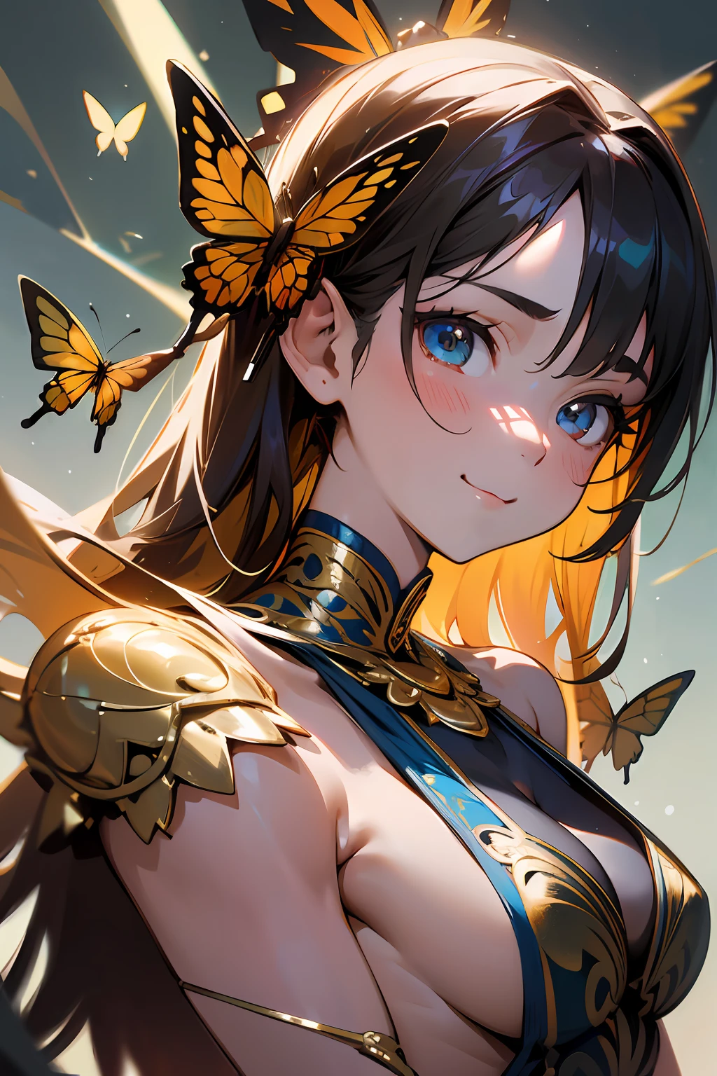 8k portrait of beautiful li, bikini,sweet smile,ass focus,body builder, muscullar body, intricate, elegant, highly detailed, majestic, digital photography, art by artgerm and ruan jia and greg rutkowski surreal painting gold butterfly filigree, broken glass, (masterpiece, sidelighting, finely detailed beautiful eyes: 1.2), hdr, --auto --s2