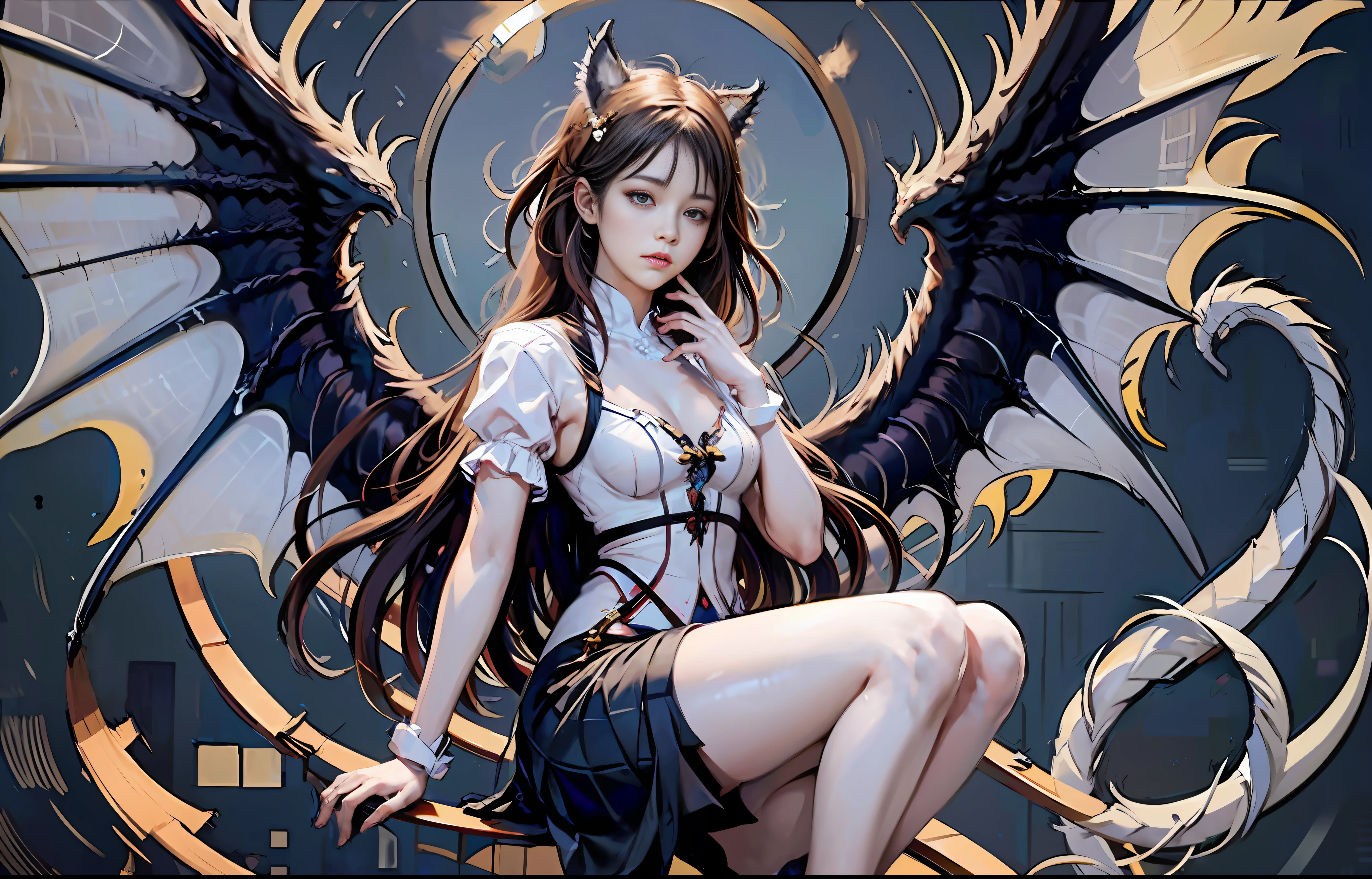 official art, unity 8k wallpaper, ultra detailed, beautiful and aesthetic, masterpiece, best quality, (zentangle, mandala, tangle, entangle), (fractal art:1.3) , 1girl, ear wolf, extremely detailed, dynamic angle, cowboyshot, the most beautiful form of chaos, elegant, a brutalist designed, vivid colours, romanticism, by james jean, roby dwi antono, ross tran, francis bacon, michal mraz, adrian ghenie, petra cortright, gerhard richter, takato yamamoto, ashley wood, atmospheric, ecstasy of musical notes, streaming musical notes visible , ((dragon wings))
