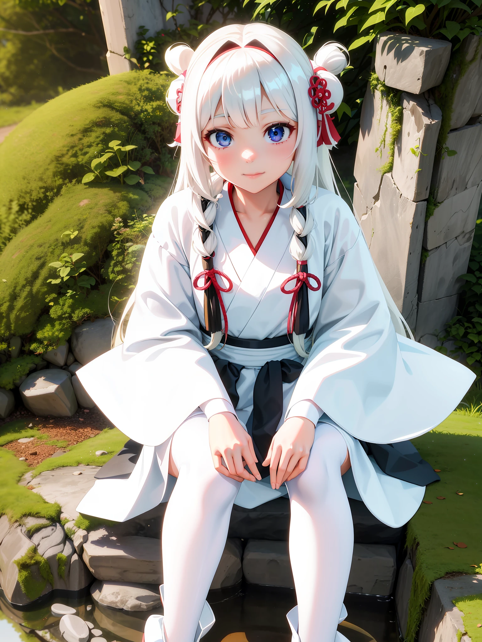 there is a young girl sitting on a rock in a white dress, anime girl cosplay, anime cosplay, the anime girl is crouching, white hanfu, anime girl in real life, palace ， a girl in hanfu, realistic young anime girl, cosplay photo, realistic anime 3 d style, 3 d anime realistic, with white long hair, young anime girl