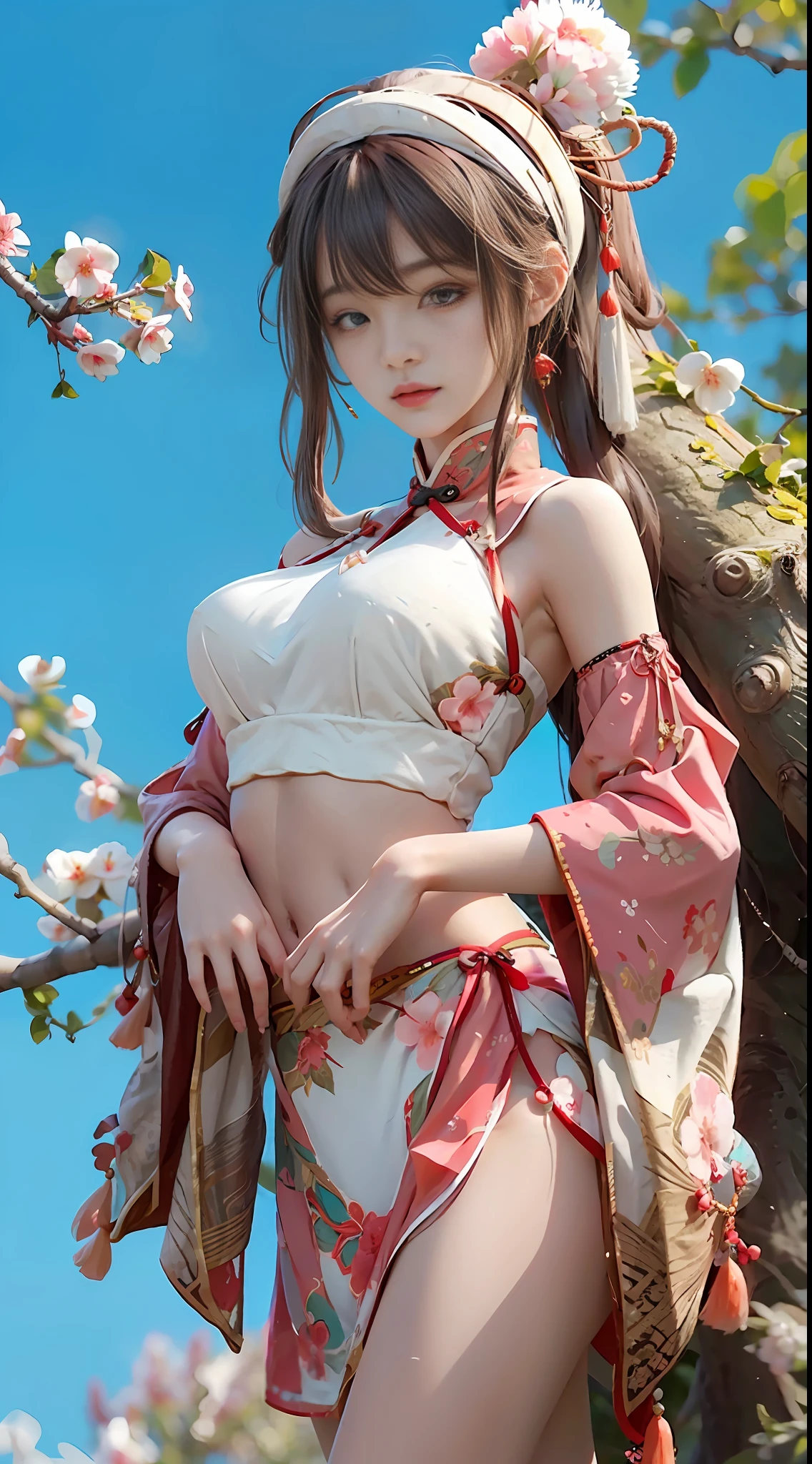 An ancient Chinese beautiful girl, cute temperament, light white bikini, huge peach blossom, standing under a tree, sunshine, clear face, masterpiece, super detailed, epic composition, high quality, highest quality, 4k --v 6