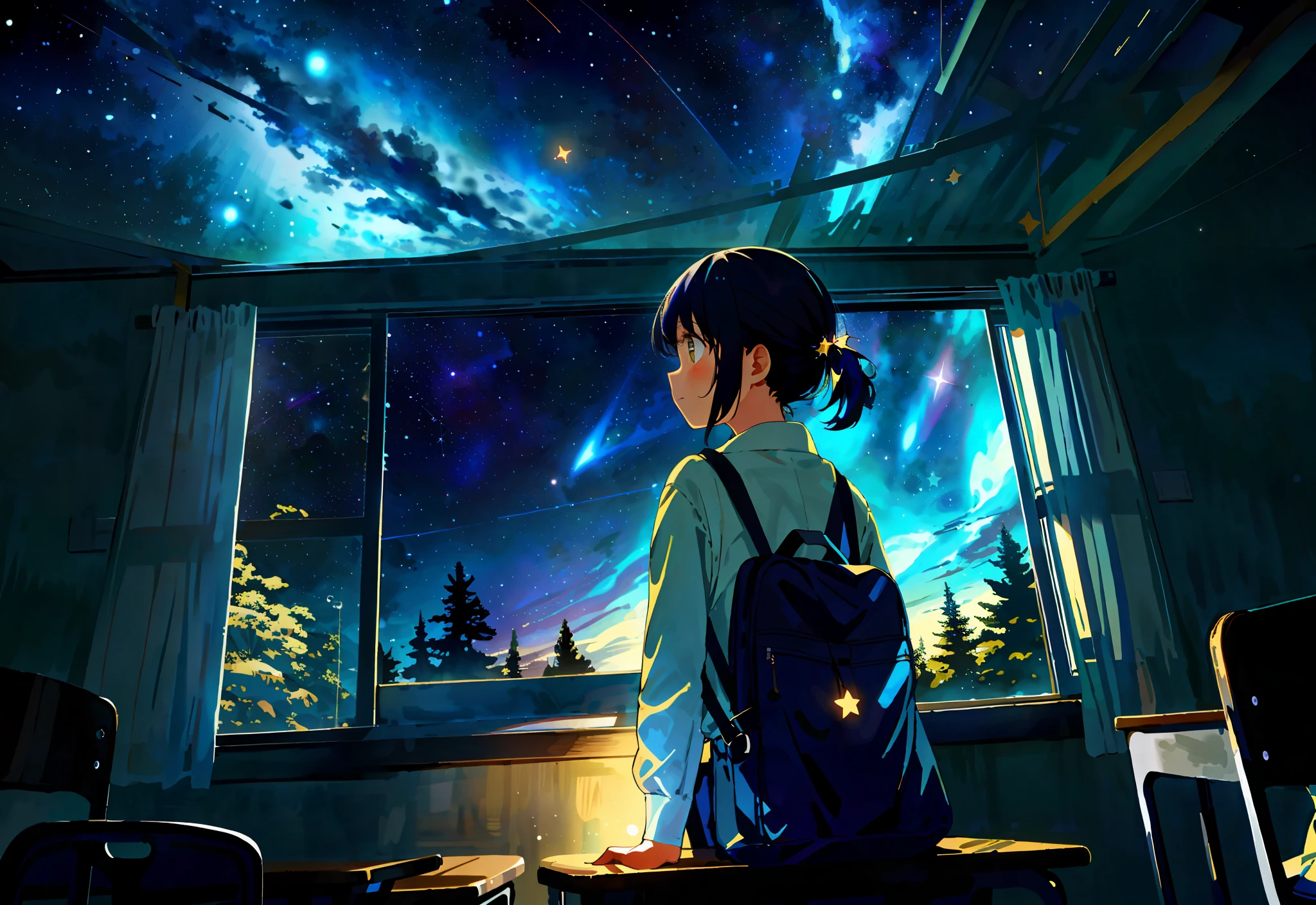 The girl in the classroom sat as she quietly stared out the window. The light is yellow, but outside the window is wrapped in dark night, stars and universe. The stars twinkle and the scene is dreamlike. The breeze blew and her figure gradually disappeared under the picturesque night sky.
