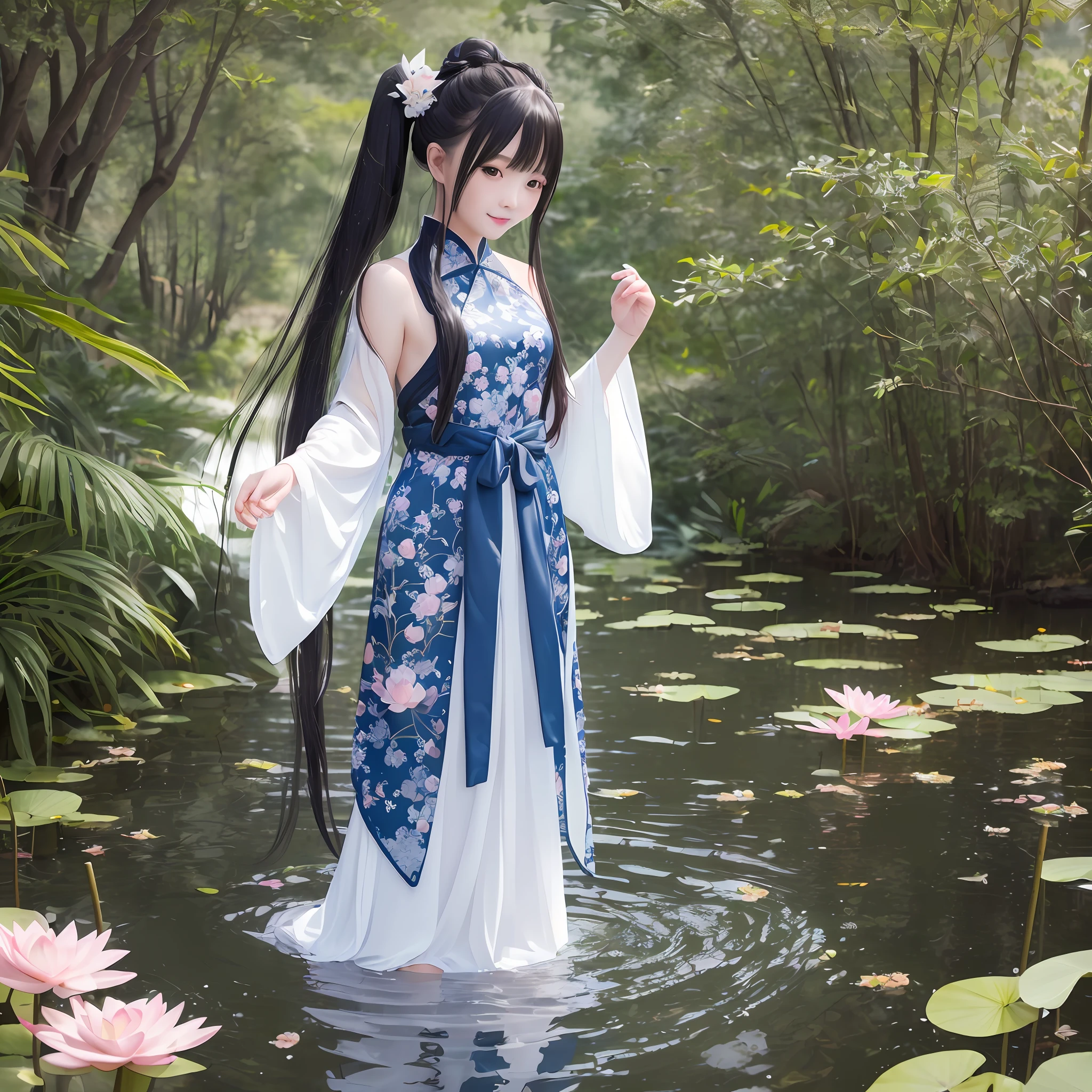 ((4k,masterpiece,best quality)), shuimobysim, traditional chinese ink painting, lotus, hanfu, maxiskit, dress conservatively 1girl, solo, long blue hair, smile, standing, feet in the water, barefoot,