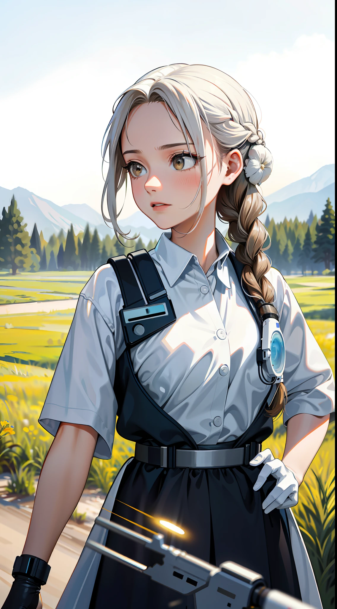 Movie Poster,Single,Most Real,Highest Resolution,Face Resolution,(((Braid Hairstyle: 1.5)),Science Fiction,Sci-Fi,Movie Based Foundation,View from front,Angry,40 years old woman,Discreet adult,Black one-sided hair tie hairstyle,Brown eyes,(Reference white scientist set :1.5),Filed in the middle of an open meadow with a breeze blowing,High quality images