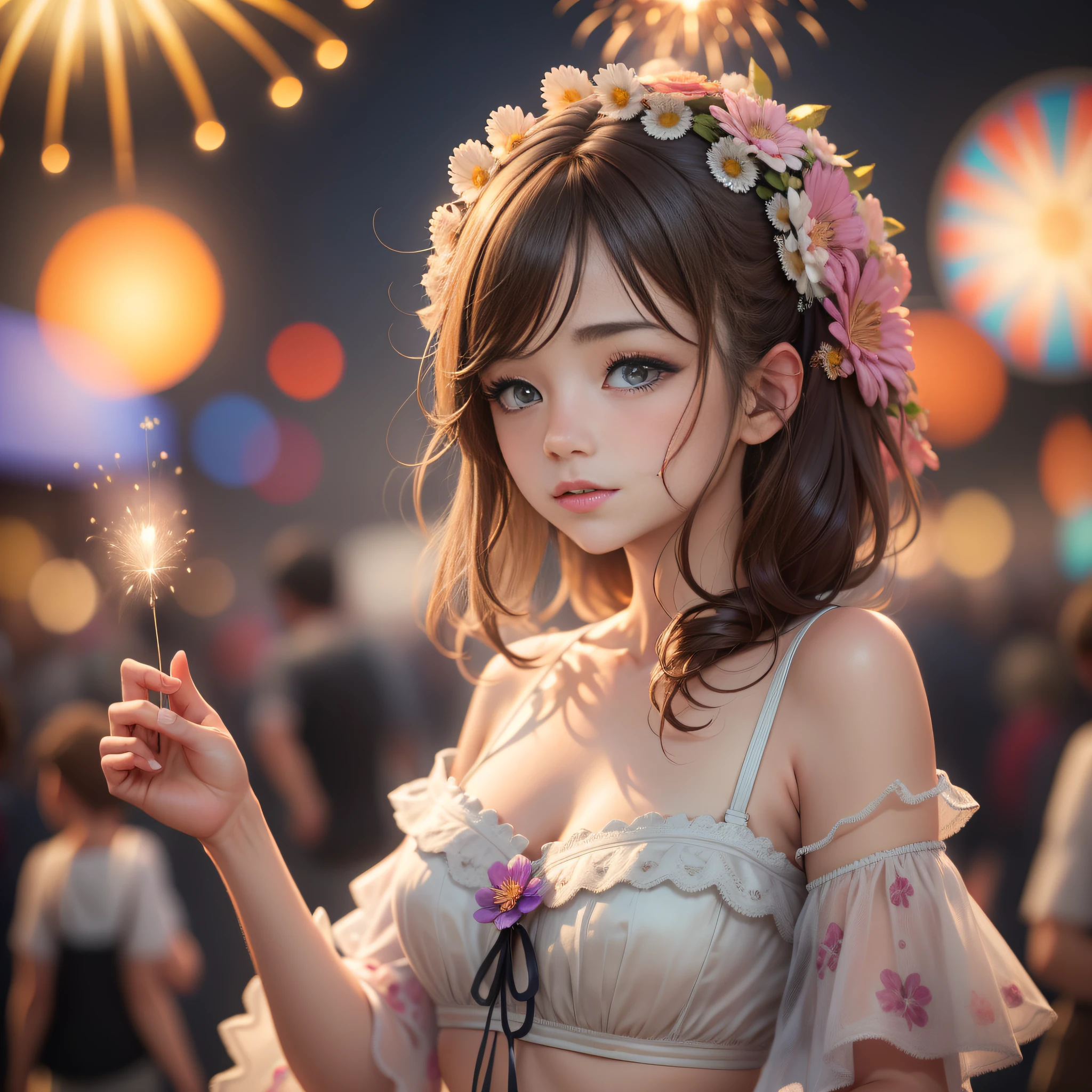 best quality, masterpiece, highres, original, 1girl, extremely detailed 8K wallpaper, an extremely delicate and beautiful, (summer_festival), fireworks, cinematic lighting, depth of field,,