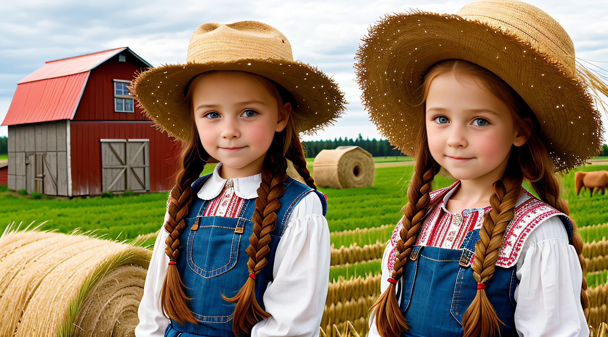 Russian style, girl, portrait, long red hair of braids with hat, farmer style, with rolls of hay and wheat and horse, barns.